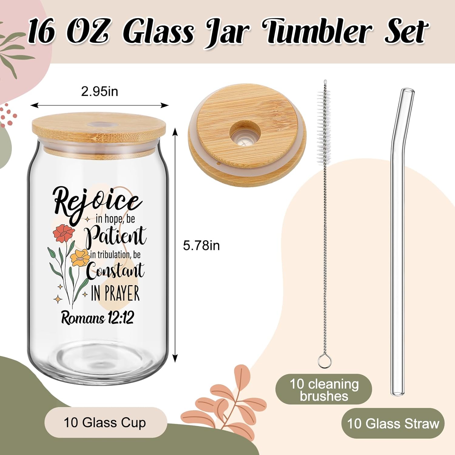 Skylety 10 Pcs Boho Christian Cups for Women 16oz Bible Verse Glass Jar Tumbler with Lid and Straw Inspirational Religious Gifts Catholic Scripture Gifts Set for Women Mother Nurse Wife Coworkers - Image 2
