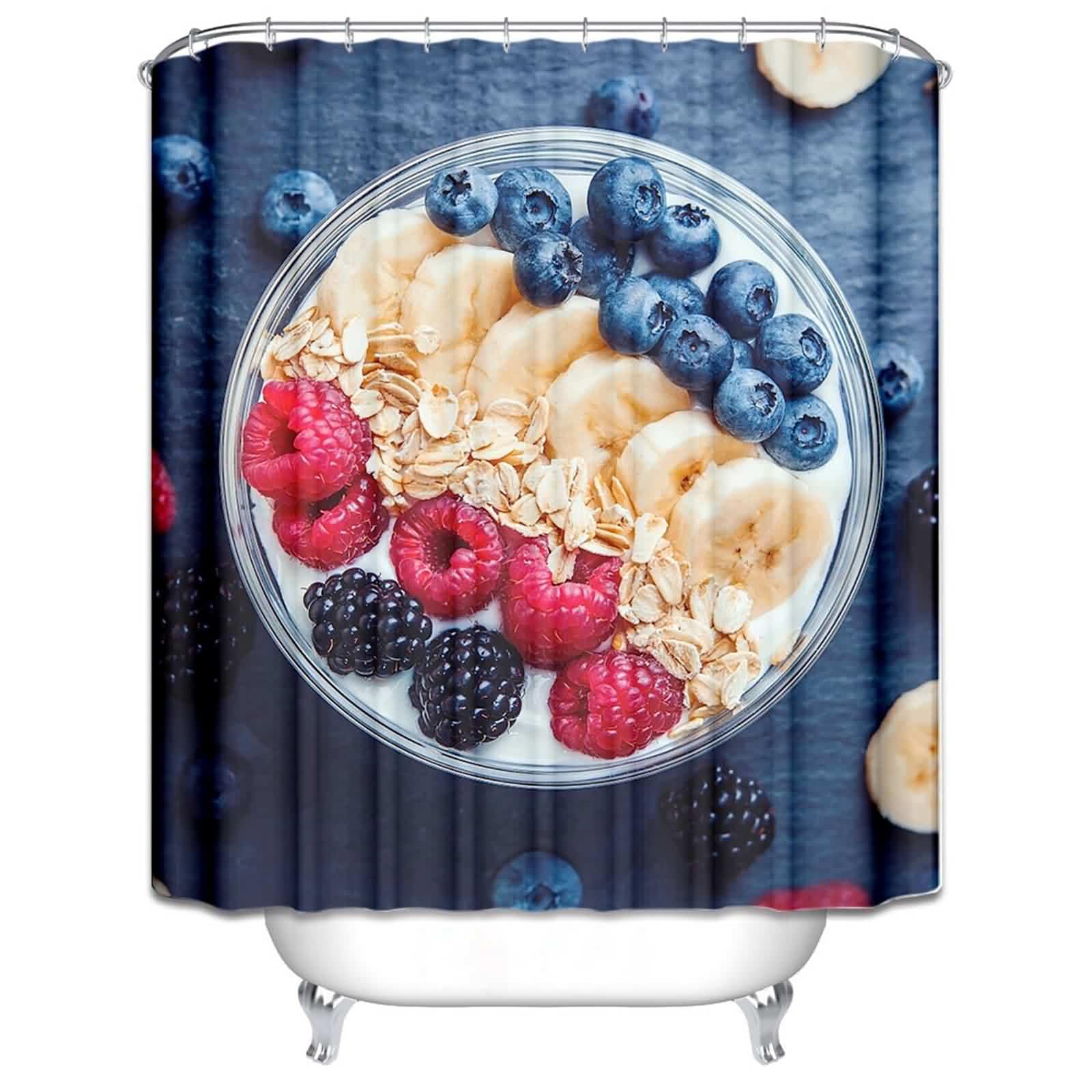 Rideau douche lavable motif 3D yaourt fruits avec doublure imperméable 180x180