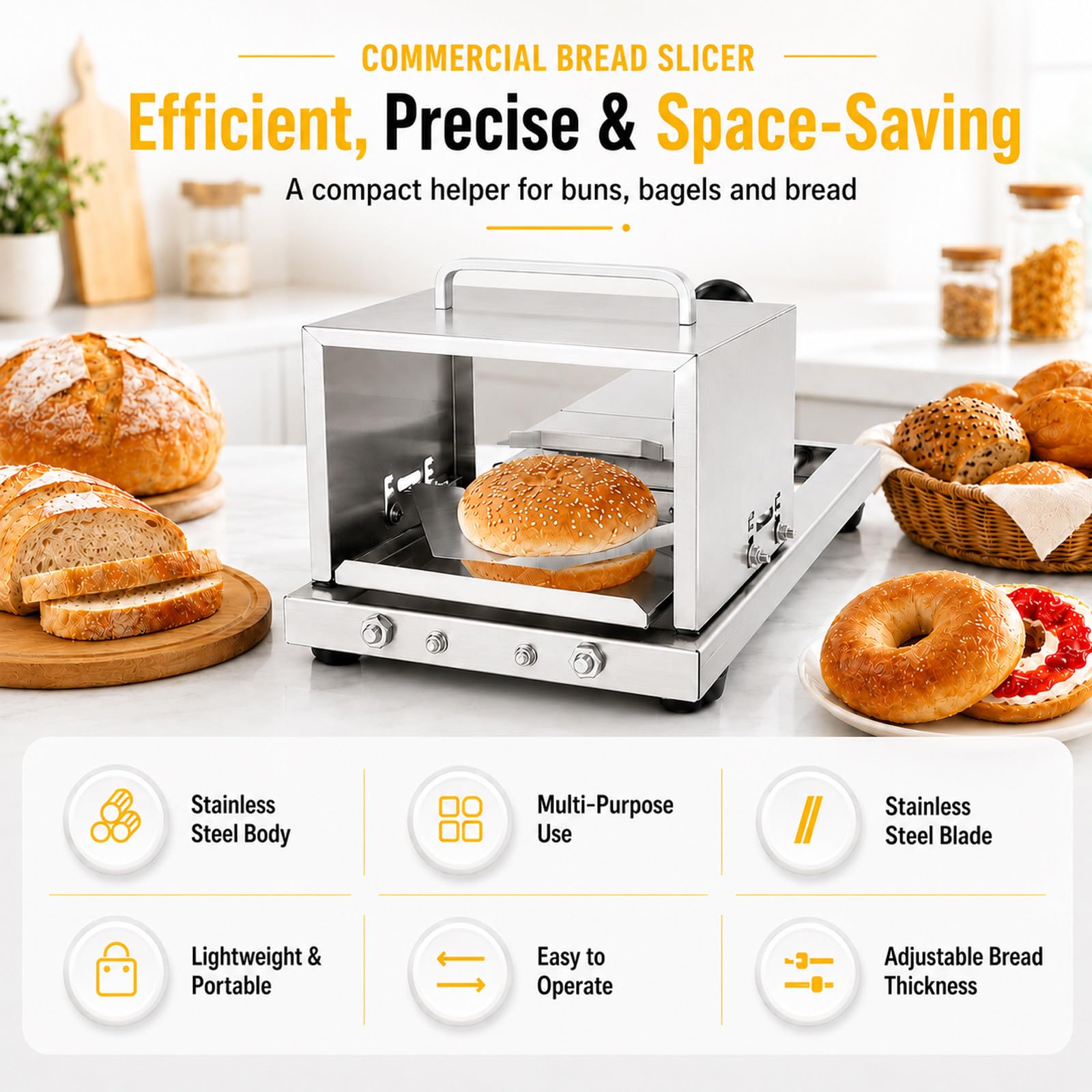 MIAOXIAOLONG Rebanador Manual De Bagel De Acero Inoxidable para Uso Doméstico Y Comercial - Cortador Ajustable con 4 Niveles De Grosor, Apto para Lavavajillas, Panaderos