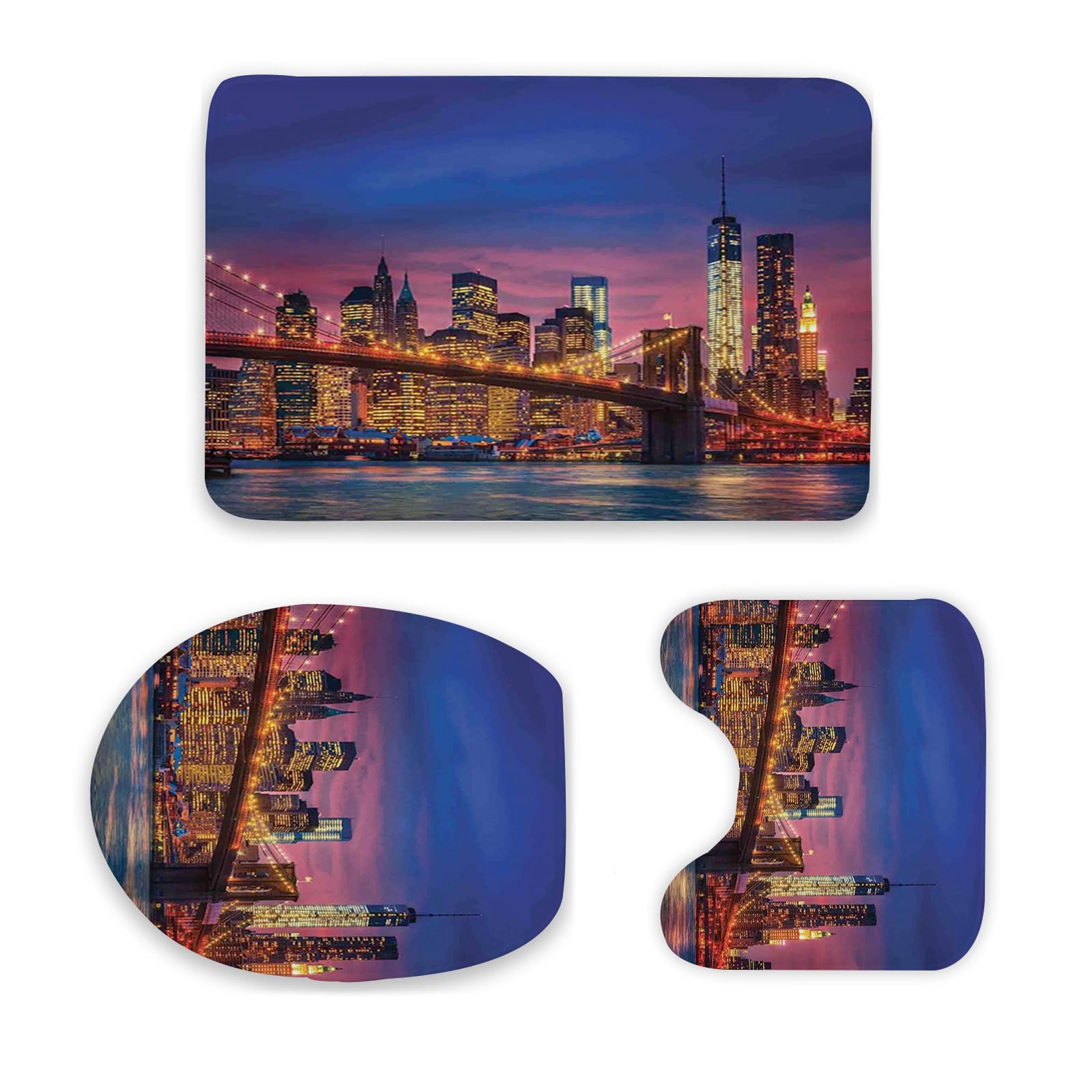 Koxitip New York Theme,Toilet Mats for Bathroom U Shaped,Nyc That Never Sleeps on Manhattan,Toilet Rugs for Bathroom,Pink Blue,16x24in(3 PCS)