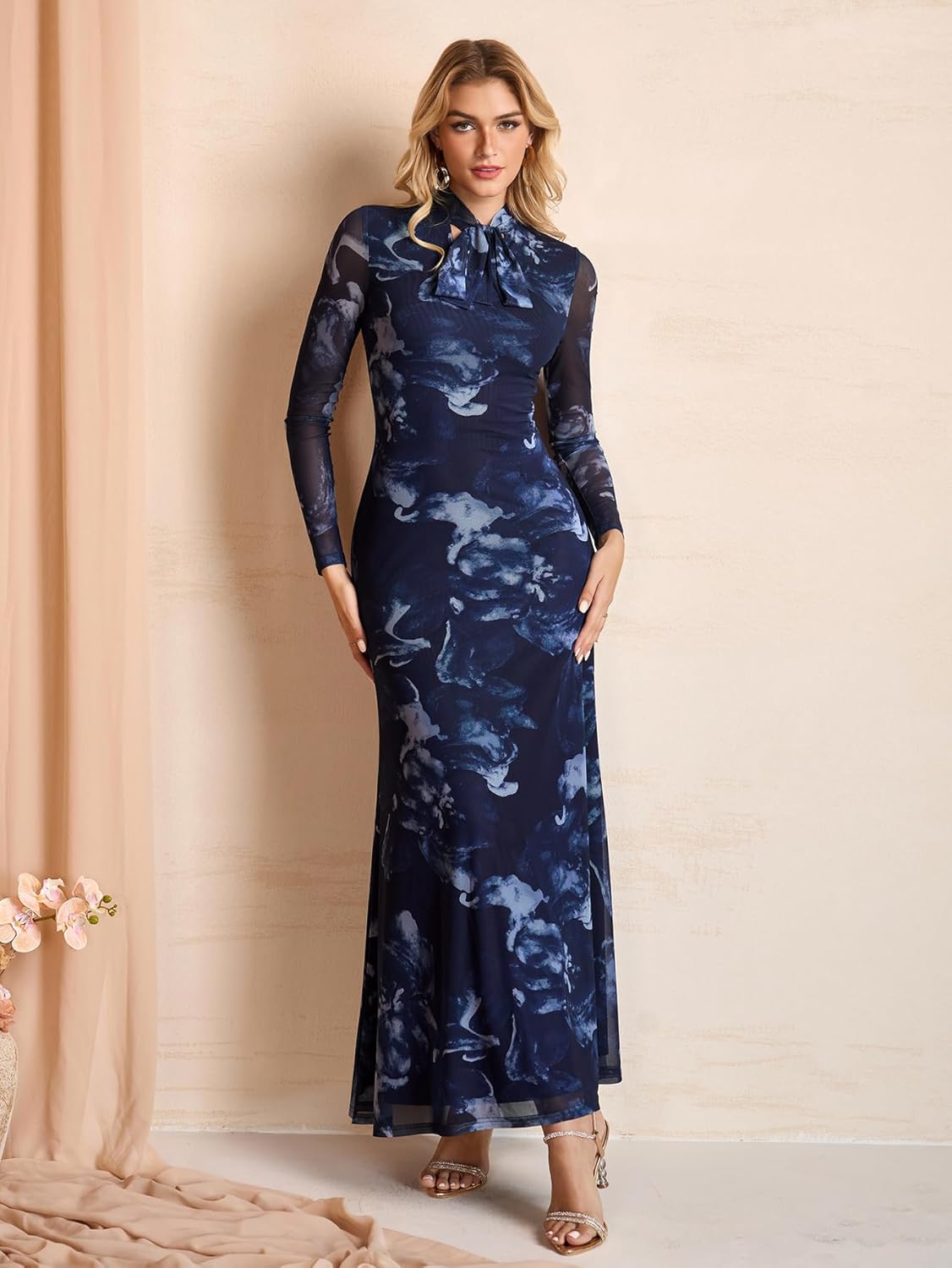 HTZMO Women Fall Long Sleeve Bow Tie Neck Formal Maxi Dresses A Line Flowy Wedding Guest Party Elegant Long Dresses - Image 3