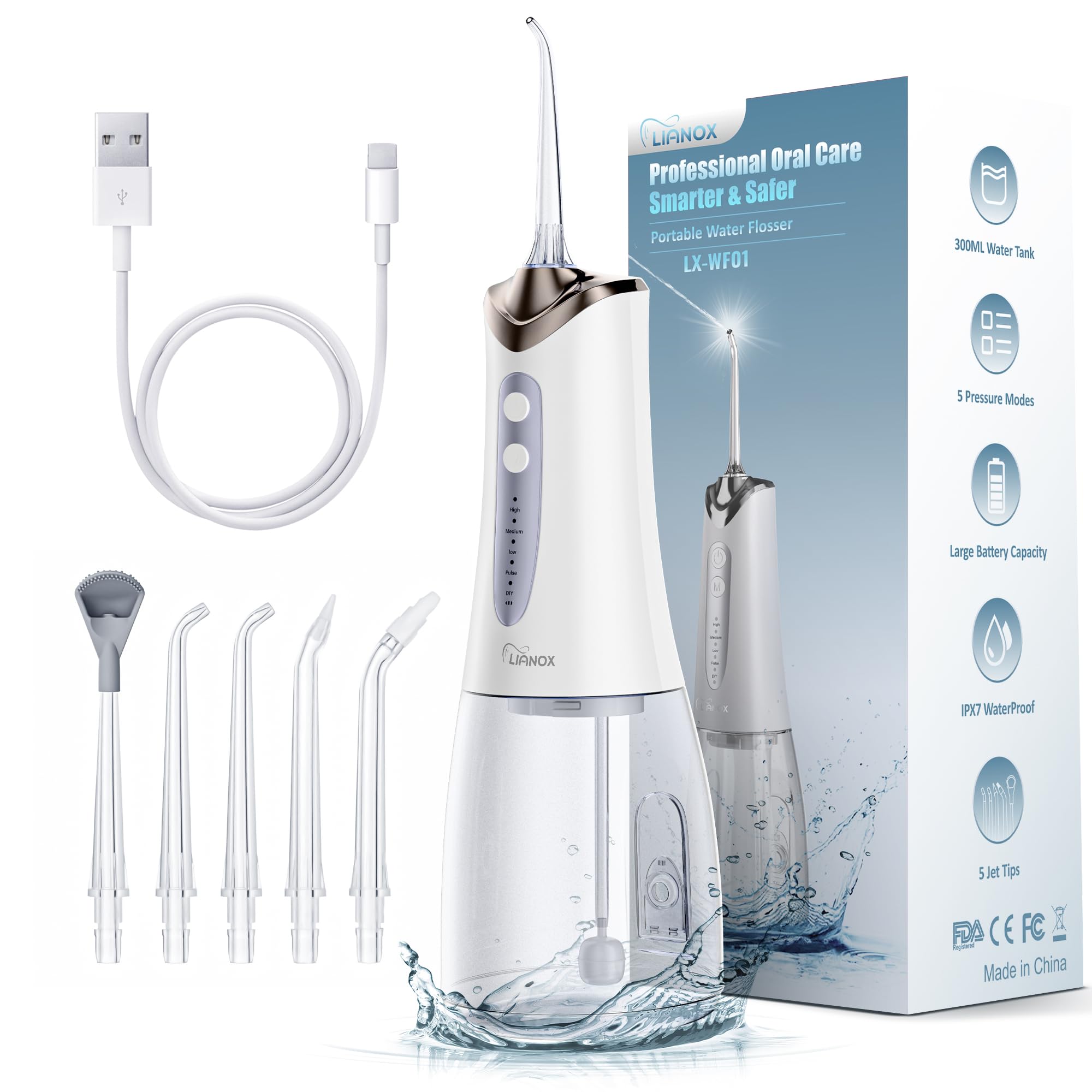 Cordless Water Flosser for Teeth Cleaning 300ML Detachable Tank Oral Irrigator with 5 Tips 5 Modes IPX7 Waterproof