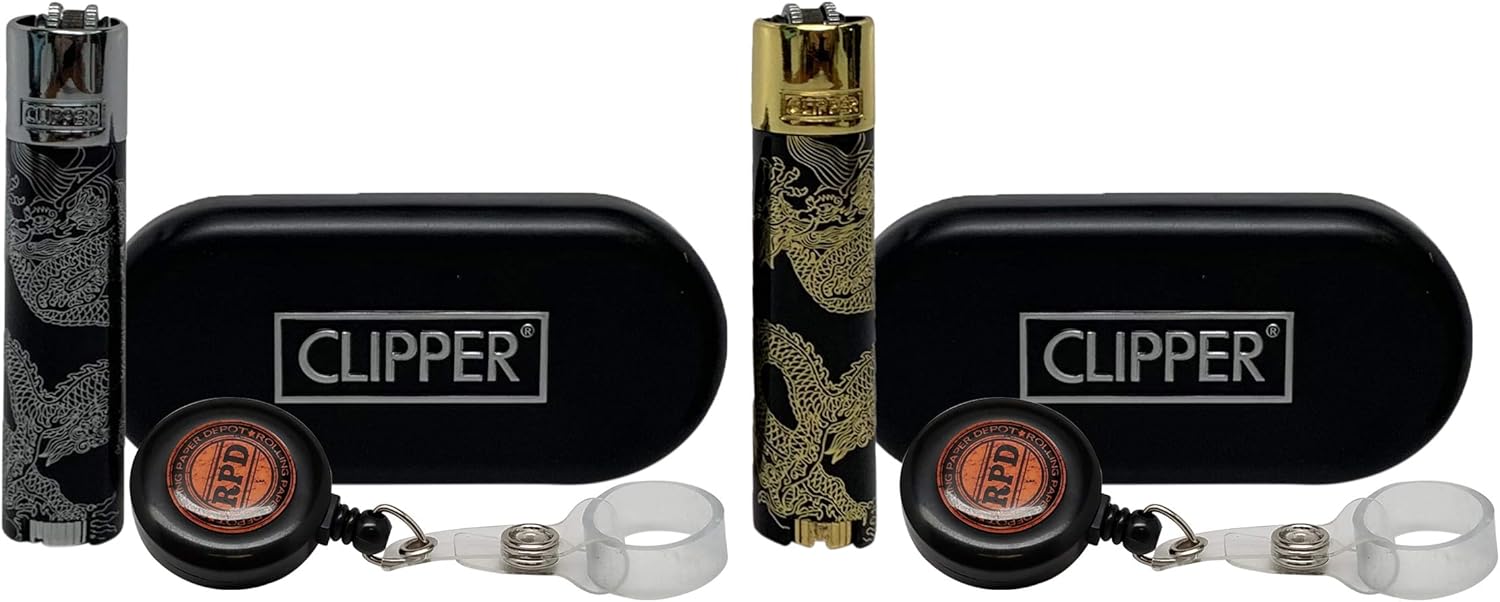 Clipper Full Metal Super Dragons Lighters with 2 RPD Lighter Lassos 1 Gold 1 Silver