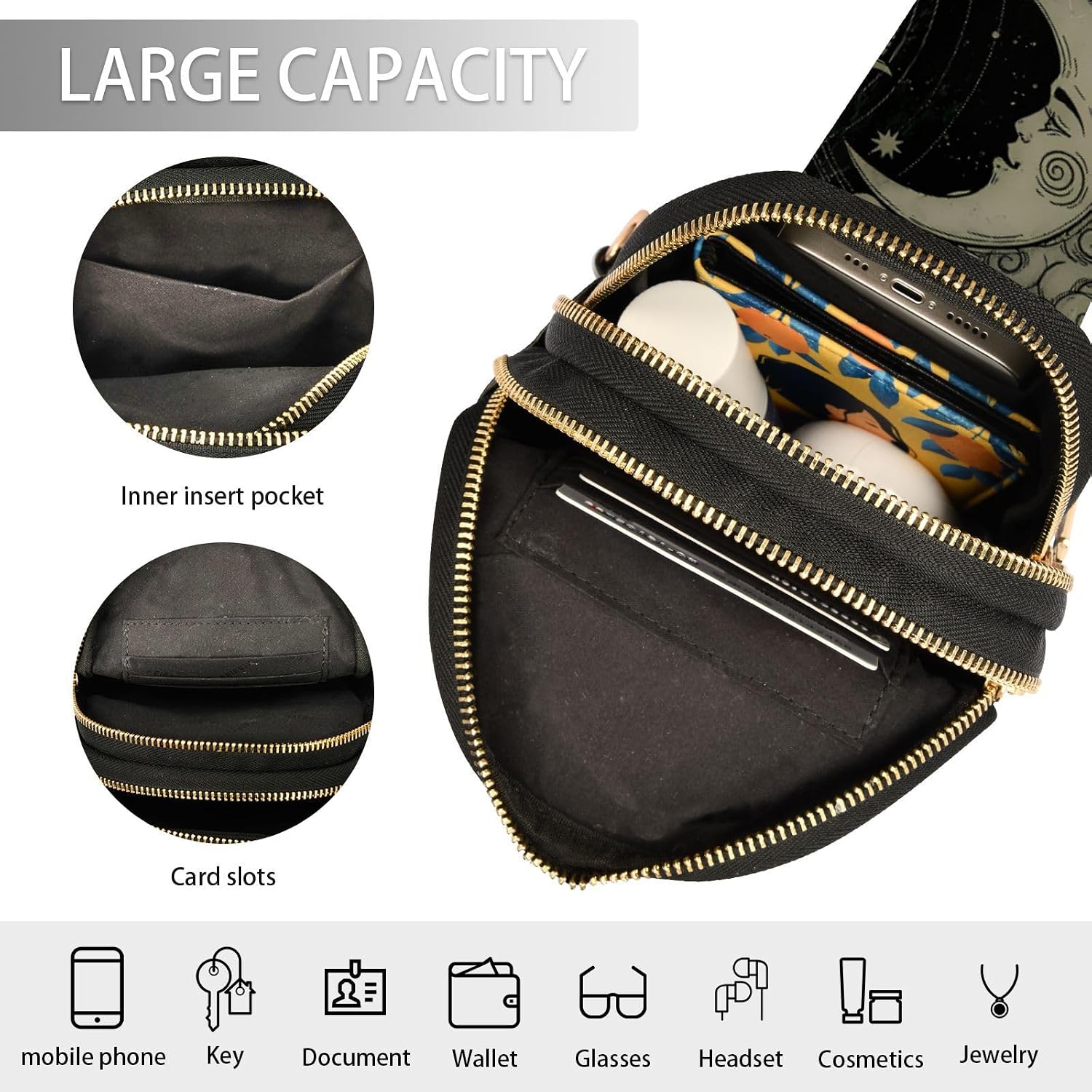 Astrology Sun Moon Gothic Crossbody Bags for Women,Leather Sling Bag Fanny Pack for Travel Hiking Outdoor