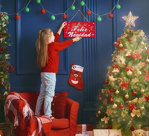 Miniatura 4 de Letrero de puerta de feliz Navidad para puerta delantera, 6 x 12 pulgadas, letrero colgante de puerta de porche, patio, fiesta de Navidad española,