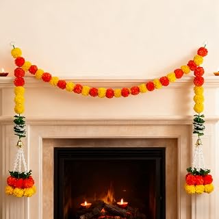 KYMY Artificial Marigold Garland for Diwali Decorations with Bells, 4.3ft Long Flower Strand Hanging Décor for Deepavali, Hindu Puja, Day of The Dead, Dia De Los Muertos, Wedding & Halloween Festival