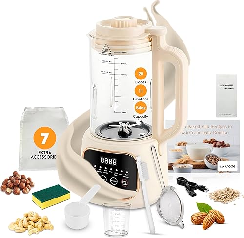 Máquina para hacer leche de nueces, 54 onzas, 11 en 1, máquina de leche de avena y soja con 20 cuchillas, autolimpiante, mantiene el calor, inicio