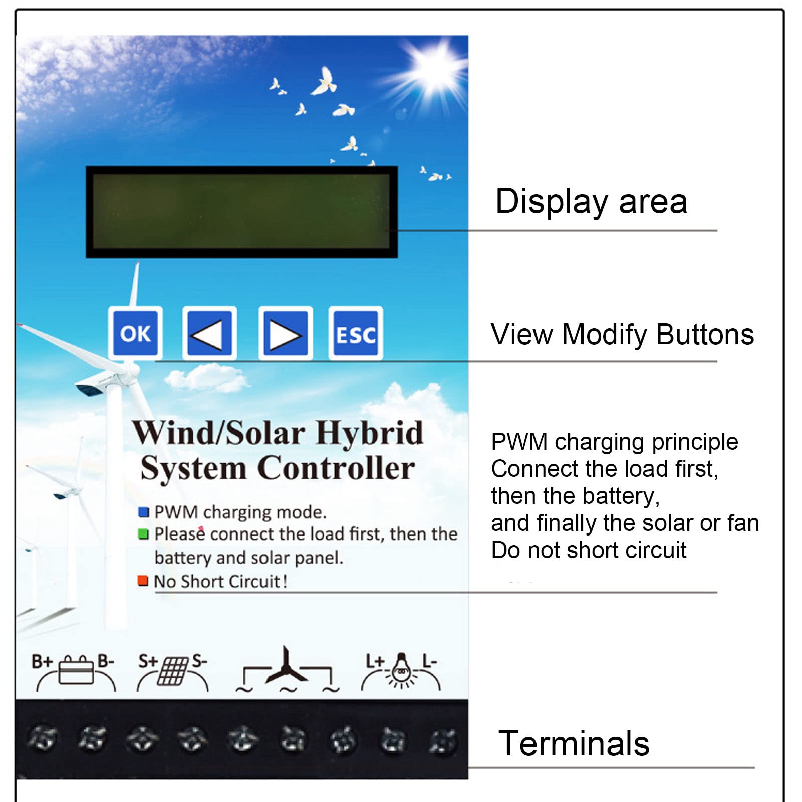 Controlador Híbrido Solar Eólico, Cargador PWM 12V 24V Pantalla LCD para Sistemas Generación Off Grid