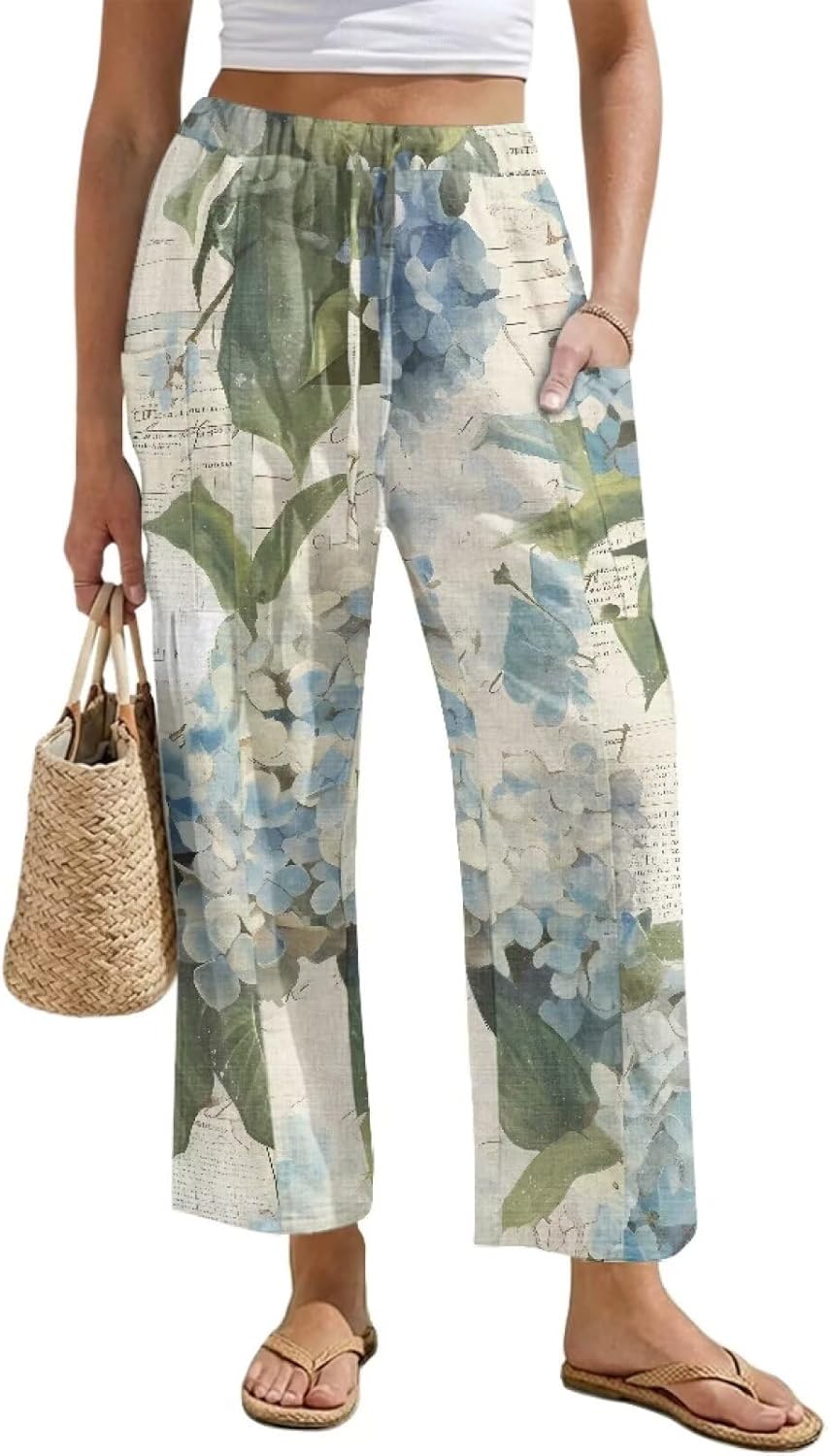 Women's Linen Pants High Waist Casual Lounge Palazzo Pant Wide Leg Drawstring Summer Beach Trousers with Pockets