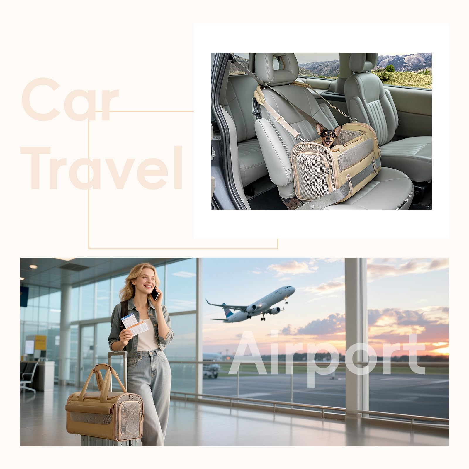 A 4 Pet Transportín para gatos aprobado por aerolíneas, plegable, de cuero impermeable | Hebillas de coche patentadas, almohadilla antiadherente lavable, malla antiarañazos, 3 bolsillos