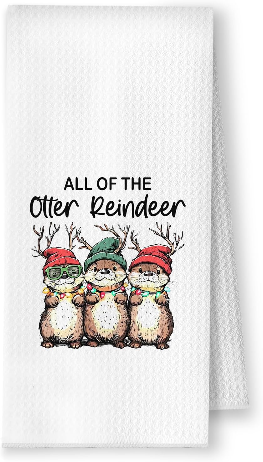 Otter Reindeer Christmas Kitchen Towels, Otter Lover Gifts Dish Tea Towels, Winter Holiday Christmas Wild Animal Decorative Hand Towel for Bathroom Kitchen, 16x24 Inch