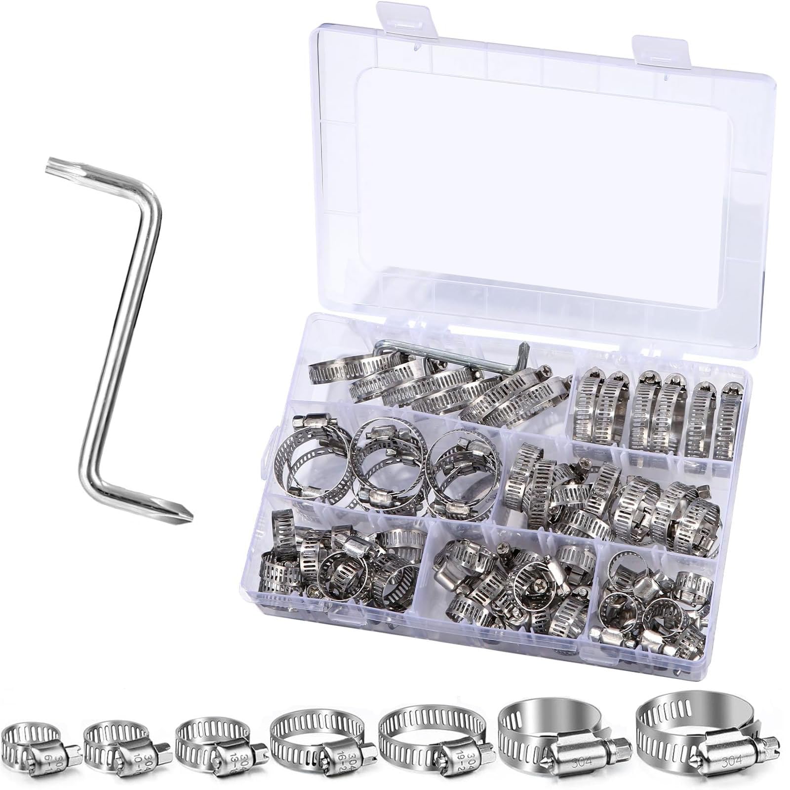 Abrazaderas de Tubería Acero Inoxidable,Juego de abrazaderas de manguera,Abrazaderas de Manguera Ajustables 8-44 mm completamente de acero inoxidable 304,abrazadera para manguera piscina(101Piezas)