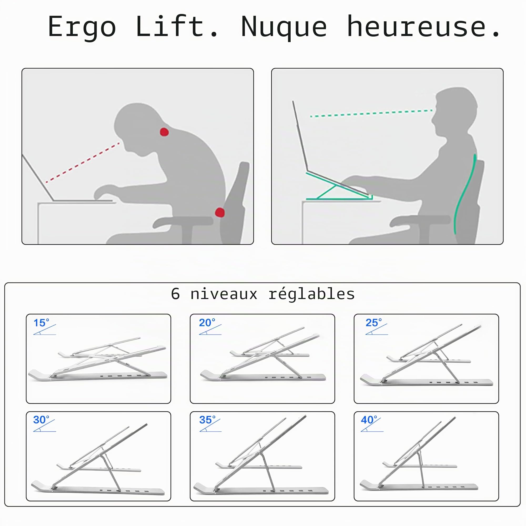 AiTodos® Support Ordinateur Portable, Alliage D'aluminium, Léger, Compact Portable Pliable - Ventilation et Dissipation de la Chaleur, Réglage à 6 Vitesses - Support pc Portable (Argent)