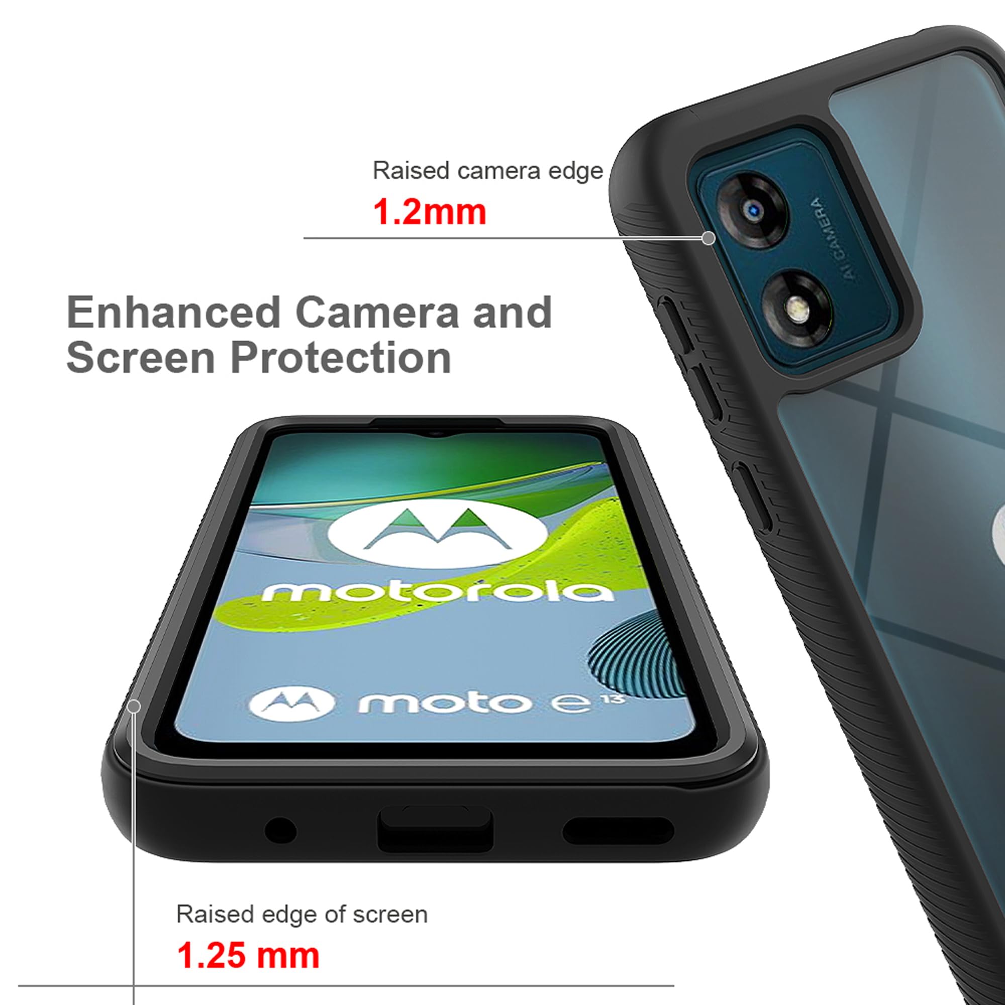 Custodia Trasparente Antiurto Per Motorola Moto E13 Con 2 Pellicole In Vetro Temperato, TPU Flessibile E Bordo Rialzato