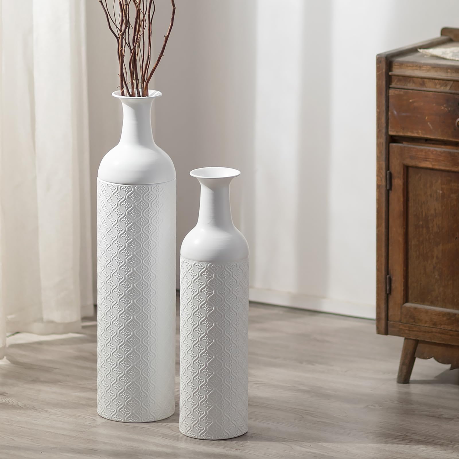 Sziqiqi Jarrón Grande para Suelo: 70/55 cm Jarron de Suelo Extra Grande - Blanco Florero Alto para Suelo Juego de 2 - Jarron Gigante Suelo Metal para Sala De Estar Dormitorio Rincón del Hogar