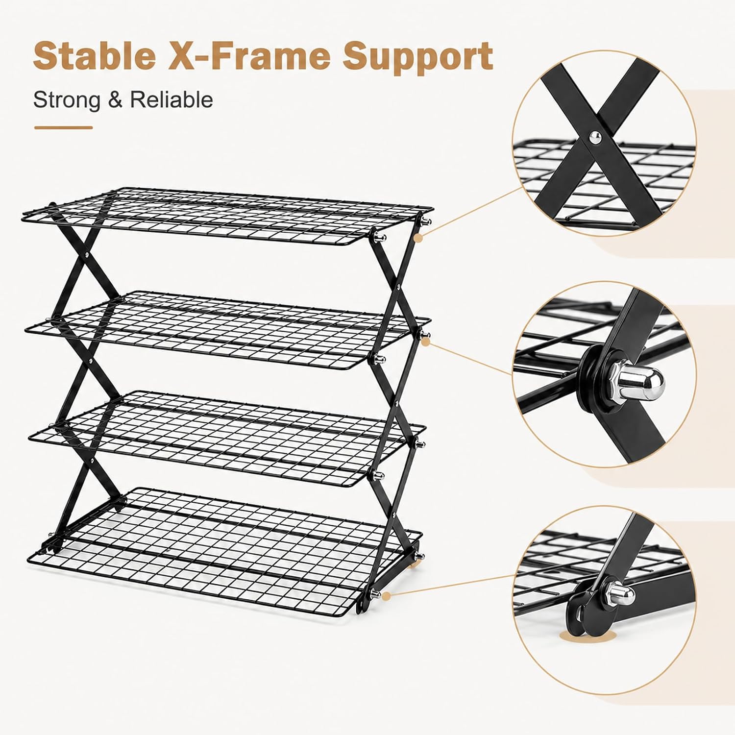 4 Tier Collapsible Cooling Rack - Adjustable Stackable Roasting Cooking Drying Wire Cooling Rack for Cookies Baking (Black, 4-Tier)