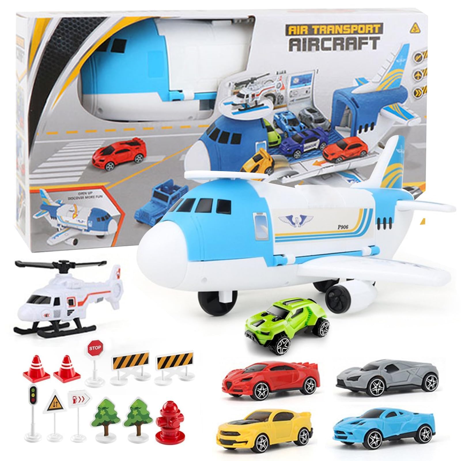 Set Regalo Giocattolo Genitori e Bambini Giocattolo aereo sicuro con aereo grande 5 auto e 1 elicottero Ideale per genitori che regalare giocattoli aereo ai loro bambini di 3 anni e più
