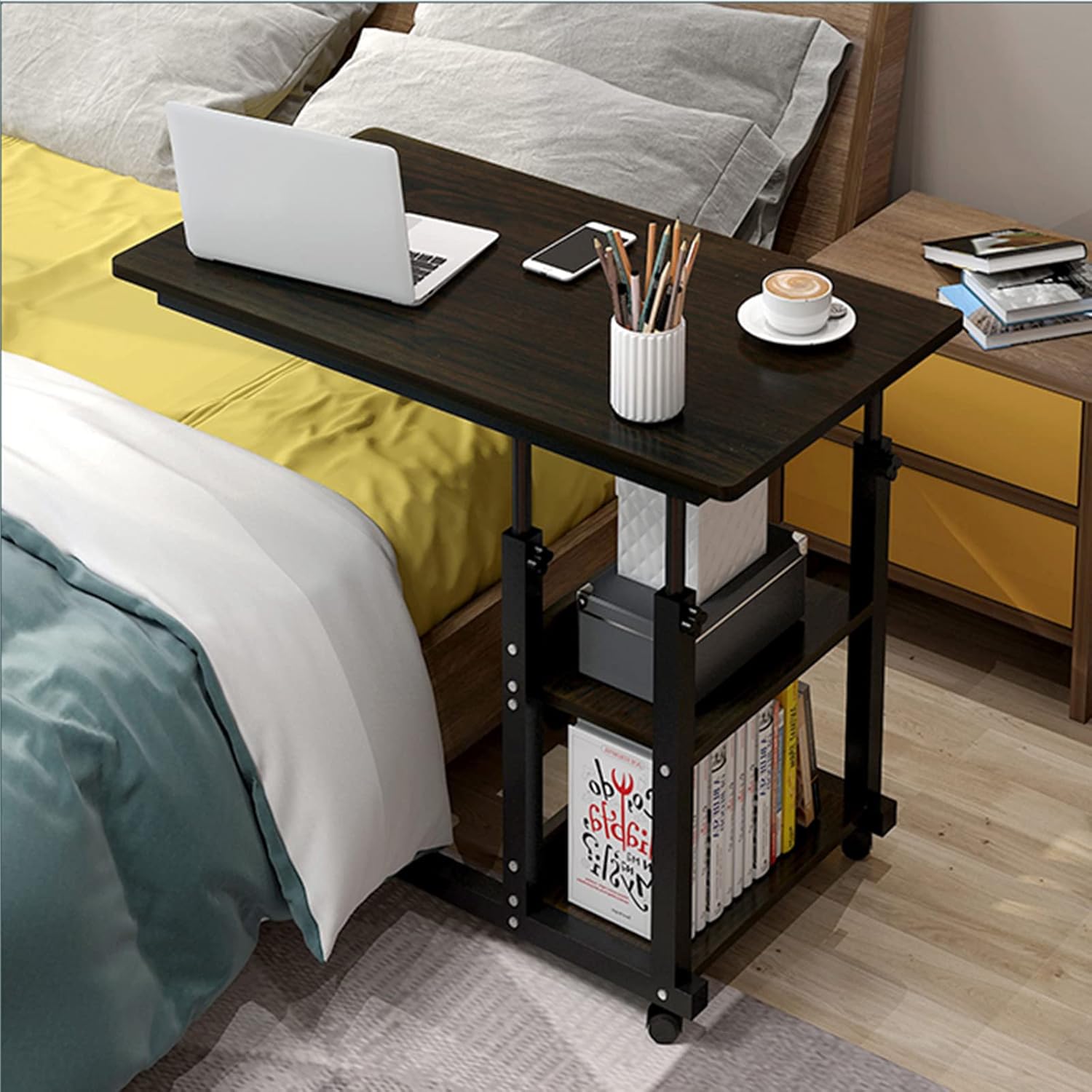 Side Table/End Table,Movable Lifting Bedwith 2-Tier Storage Shelf Simple Industrial Modern Center Table,White