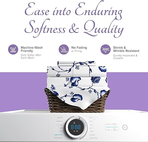 Miniatura 7 de Carressa Linen Juego de sábanas de algodón egipcio de lujo, tamaño King, 600 hilos, fibras extralargas, 4 piezas, sábanas estampadas Blossom Azure