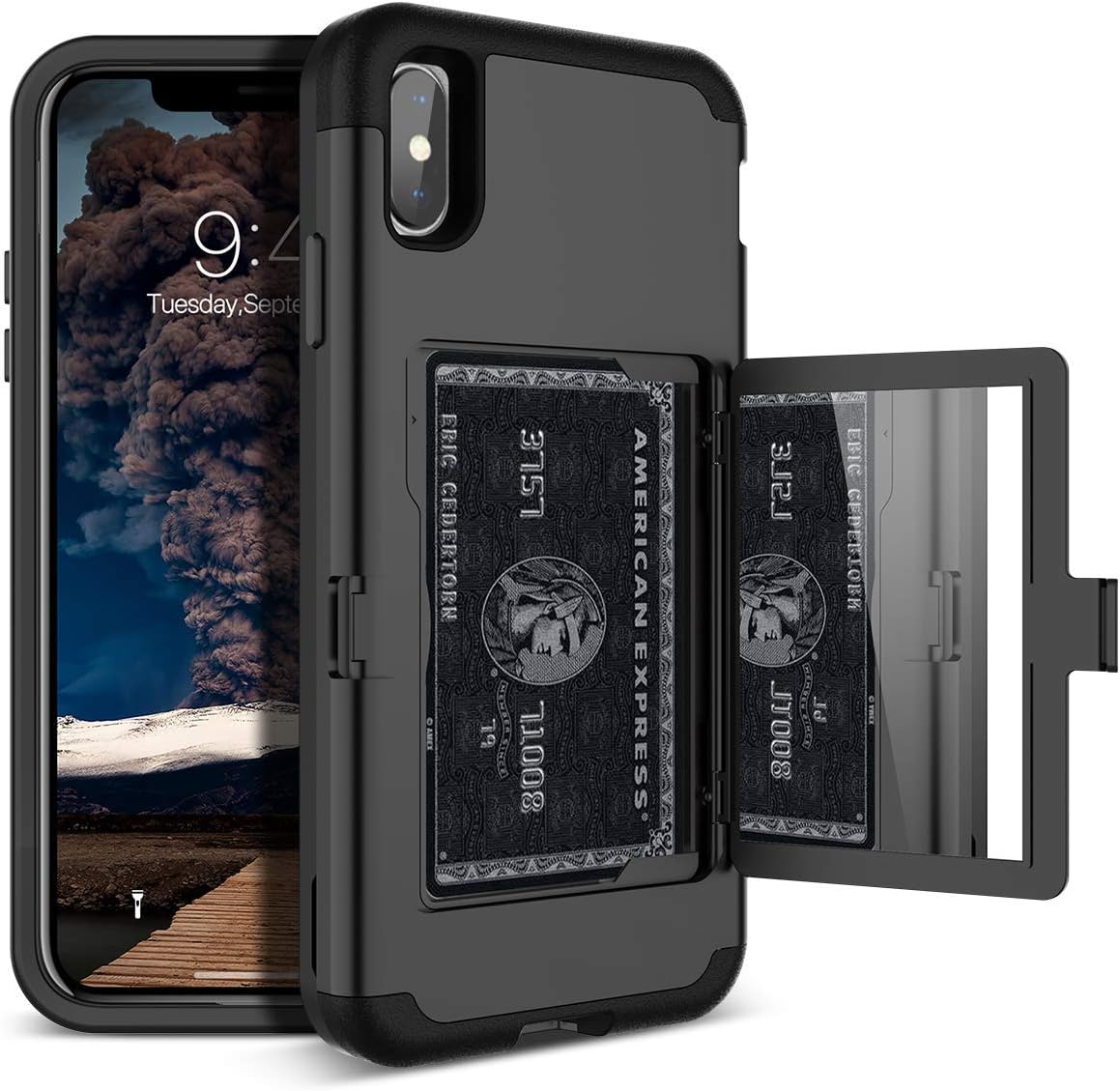 WeLoveCase iPhone Xs Max Wallet Case Defender Wallet Card Holder Cover with Hidden Back Mirror Heavy Duty Protection Three Layer Shockproof Armor Full Protective Case for iPhone Xs Max - Black