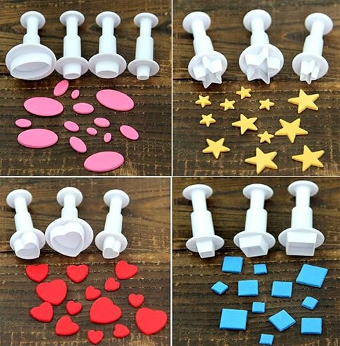 Fondant Cutter - Juego de 13 cortadores geométricos para diseño de tartas, corazón ovalado cuadrado redondo, tamaño pequeño, mediano y grande
