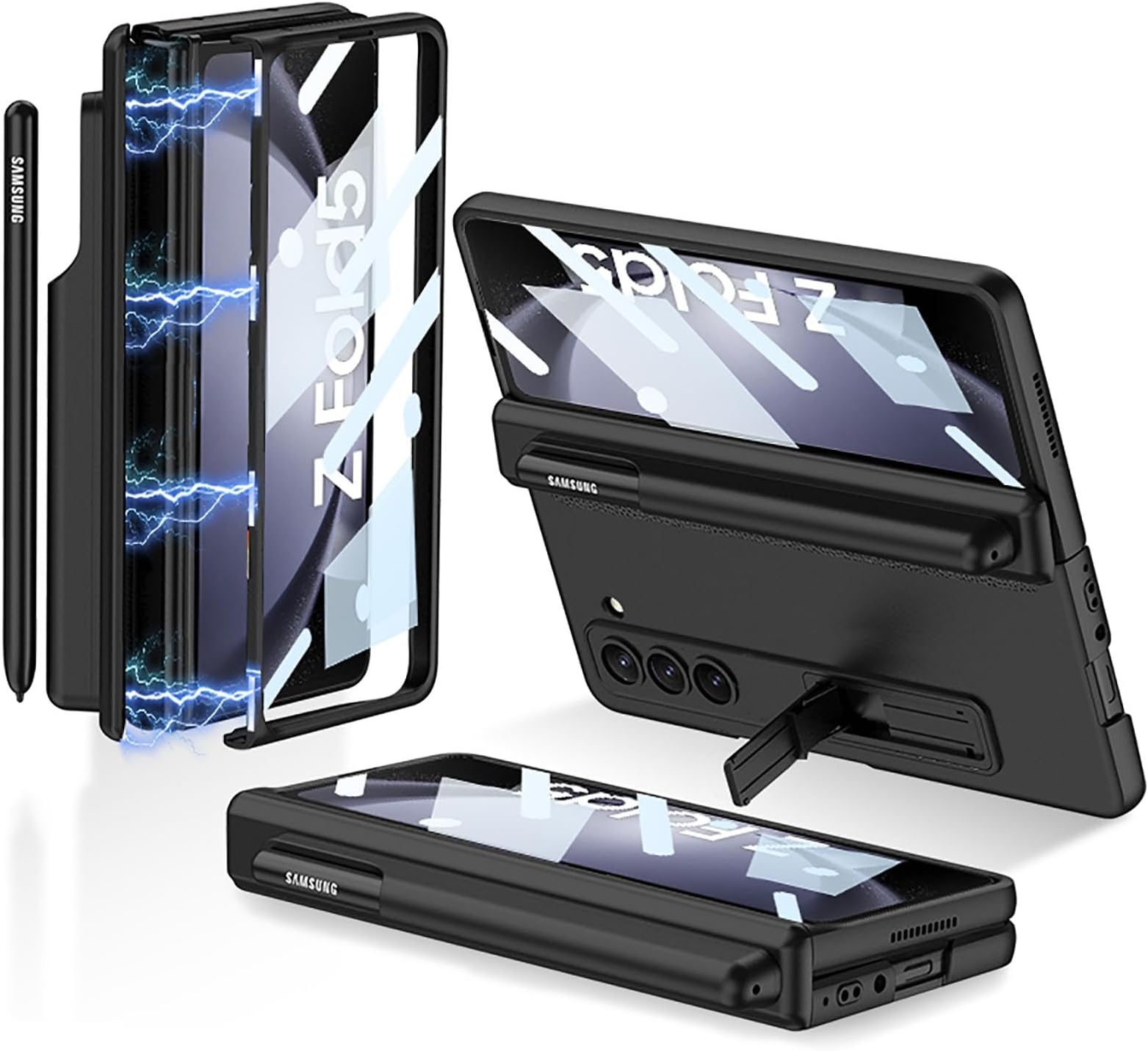 BRAND SET Galaxy Z Fold 5 Case, All Inclusive Shockproof and Anti-Drop Galaxy Fold 5 Case with S Pen Holder, Protective Phone Case with Screen Protector Suitable for Samsung Galaxy Z Fold 5(Black)