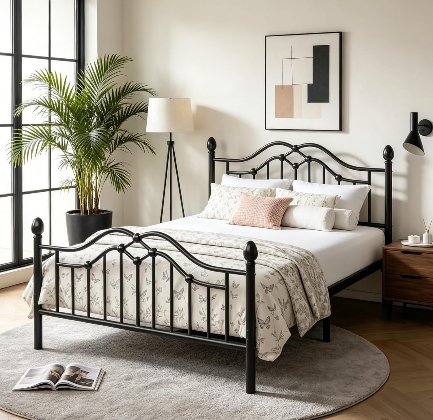 E-Motie Queen Size Metal Platform Bed Frame with Victorian Style Headboard and Footboard/Under Bed Storage/Easy Assemble/No Box Spring Needed/Noise Free/Black