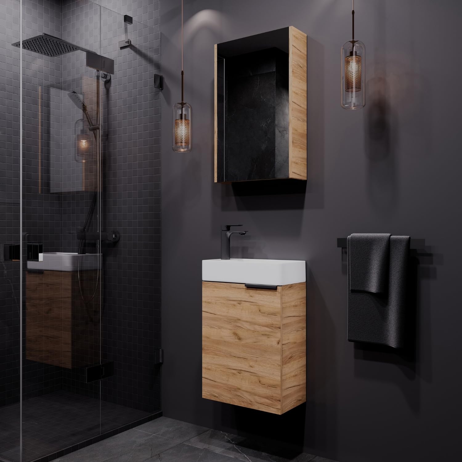 Planetmöbel Meuble sous lavabo avec Armoire de Toilette Ensemble de Meubles de Salle de Bain 40 cm pour Salle de Bain WC invités Chêne doré