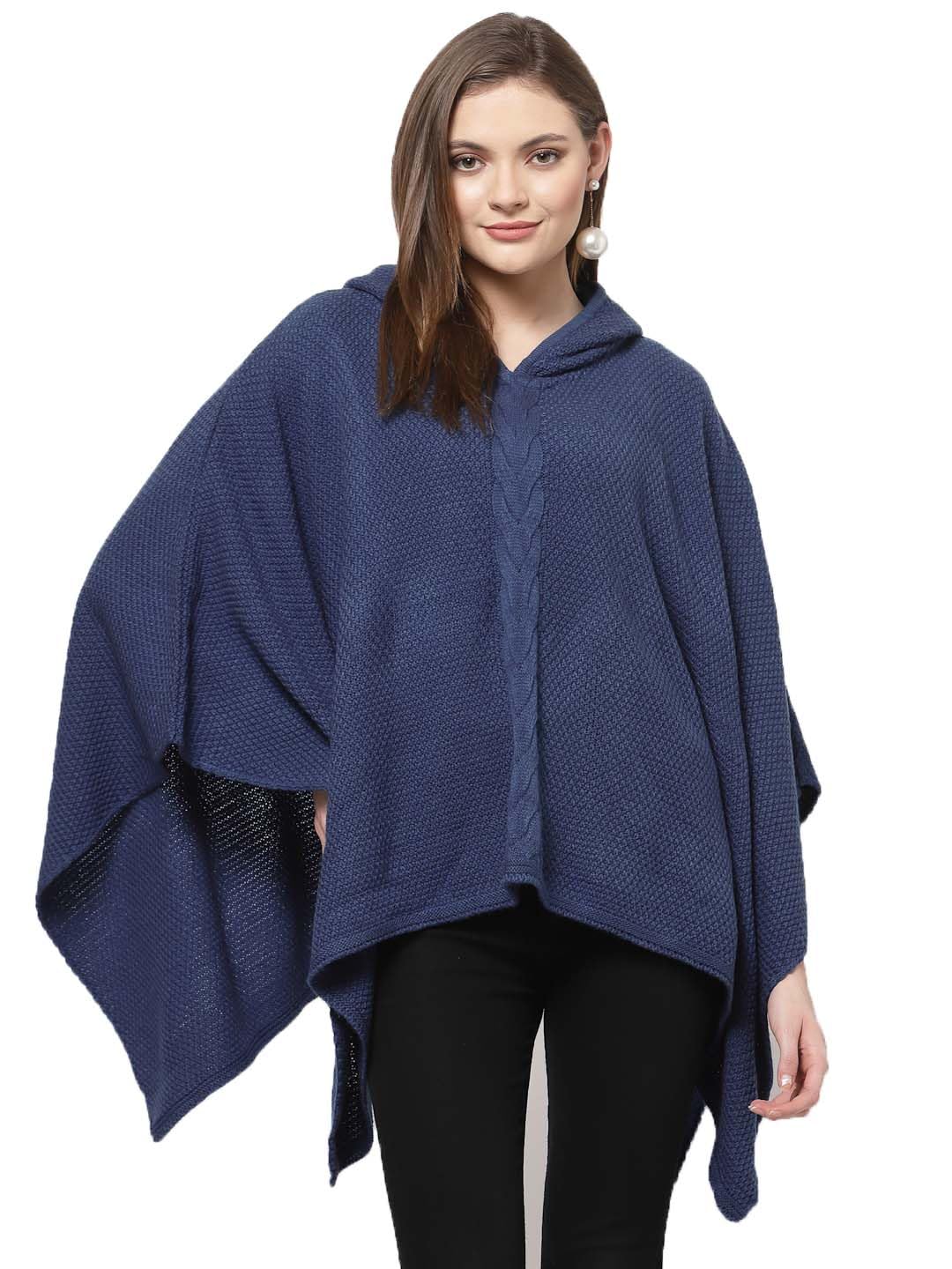 513 Women Girls Acrylic Winter Wear Solid Knitted Open Front Poncho Shrug,Blue-picture-30