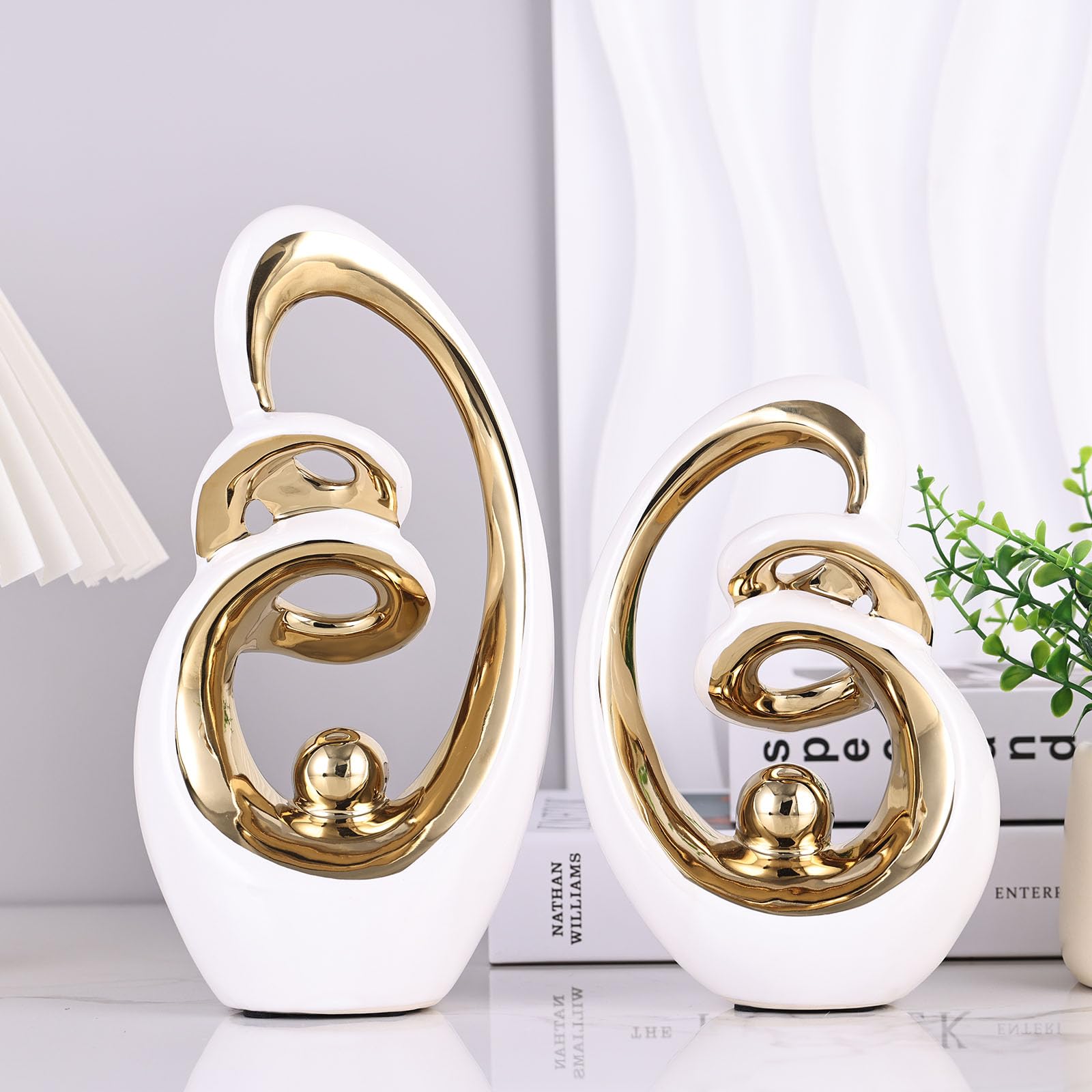 Statua astratta in ceramica, decorazione moderna di metà secolo, in porcellana, stile art déco, decorazione dorata per la casa, centrotavola contemporaneo per tavolo da tavolo (oro bianco)