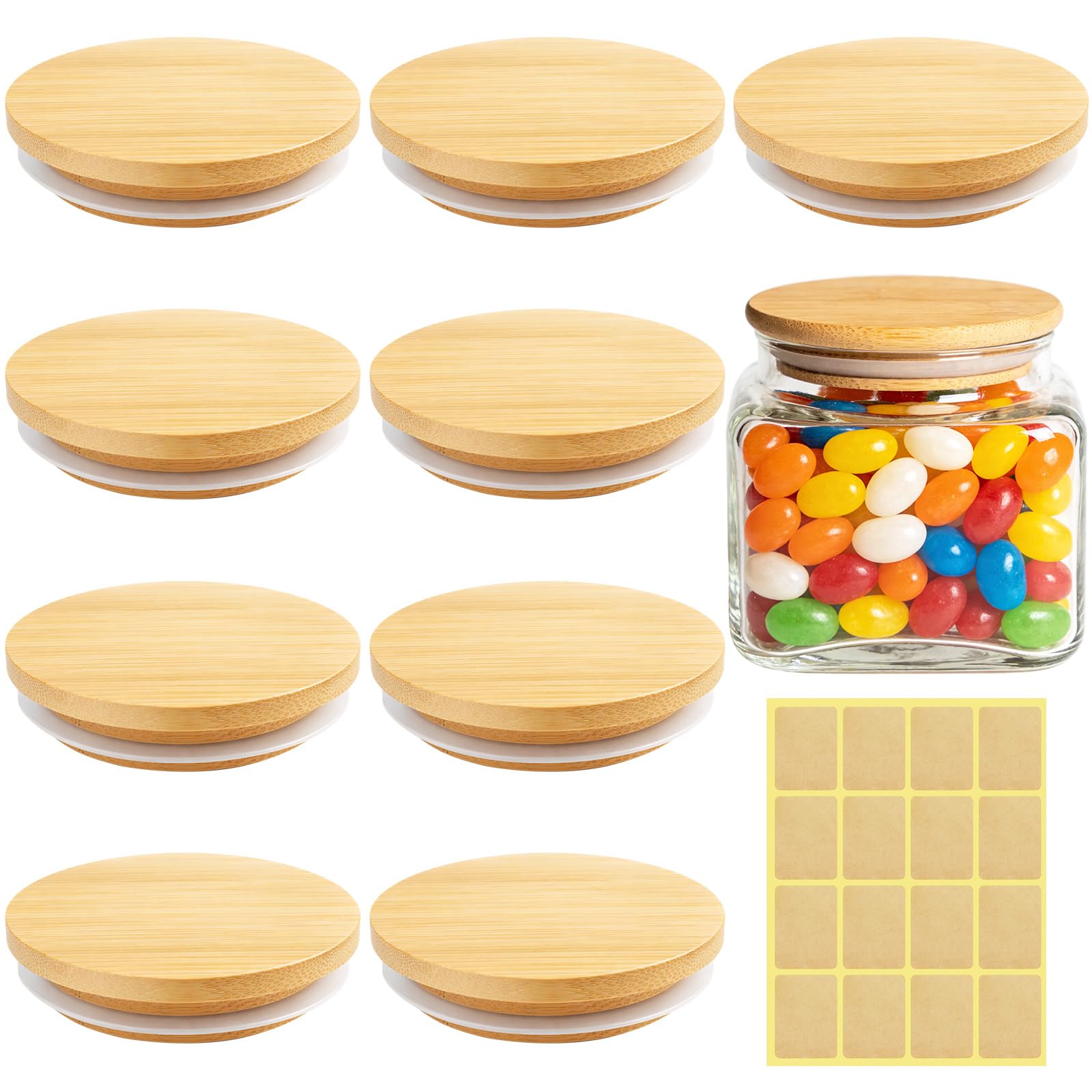 Mssushi 10 Pcs Wood Lids for Gü Pots, Gu Pot Lids with Silicone Sealing Ring, Reusable Gu Jar Lids with Stickers, Leakproof Gu Lid for Glass Jars, Yoghurt Pots, Storage and Food Preservation