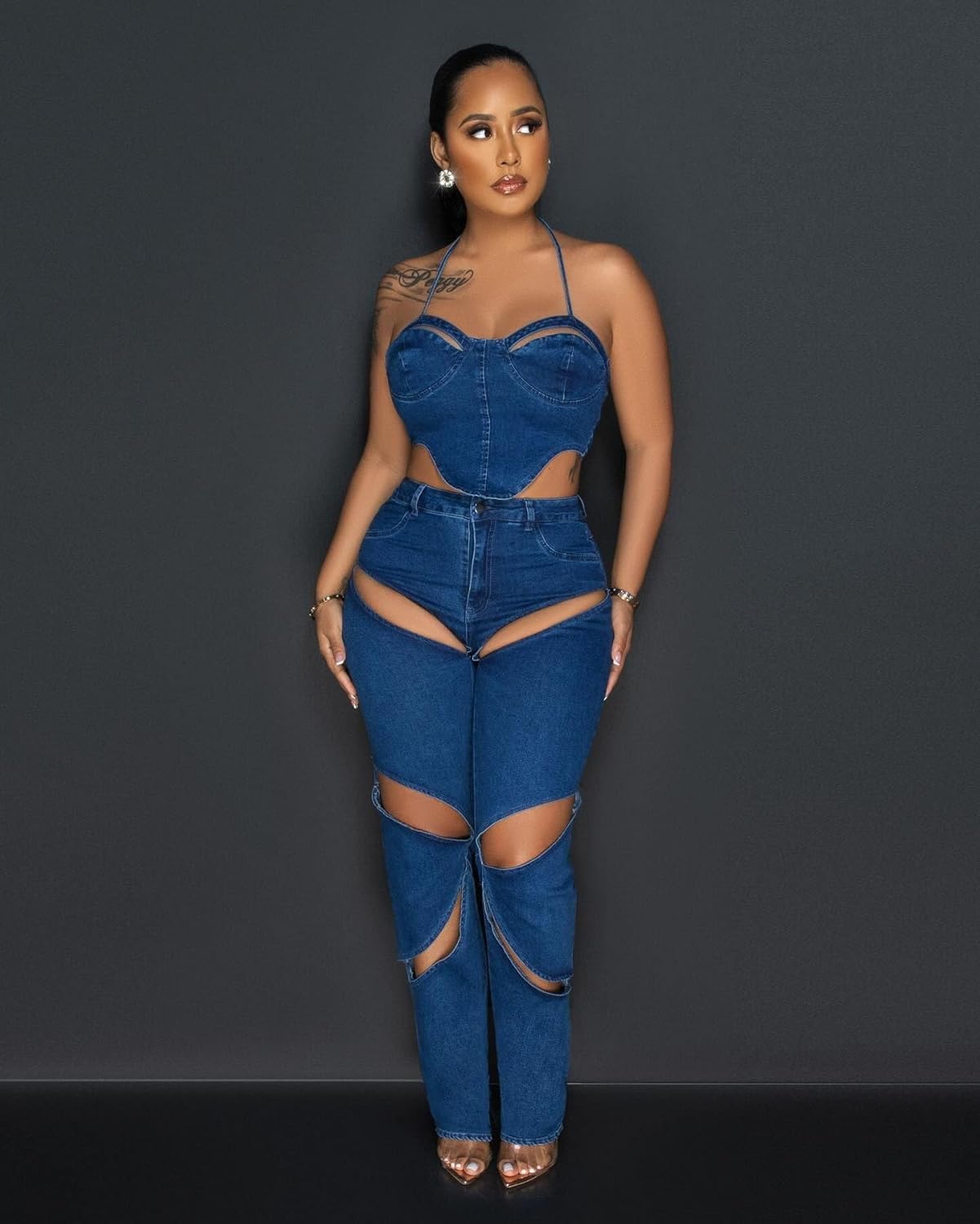 Denim 2 Piece Outfit for Women Sleeveless Cropped Tank Top Bodycon Pants Set Sexy Jean Hollow Out Party Club Tracksuit - Image 6