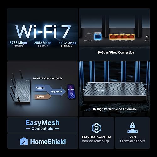 Miniatura 3 de TP-Link Tri-Band BE9700 WiFi 7 Router Archer BE600  10G WANLAN +2.5G WANLAN +3× 2.5G Puertos LAN, nuevo canal de 320 Mhz  Cubre hasta 2,600 pies