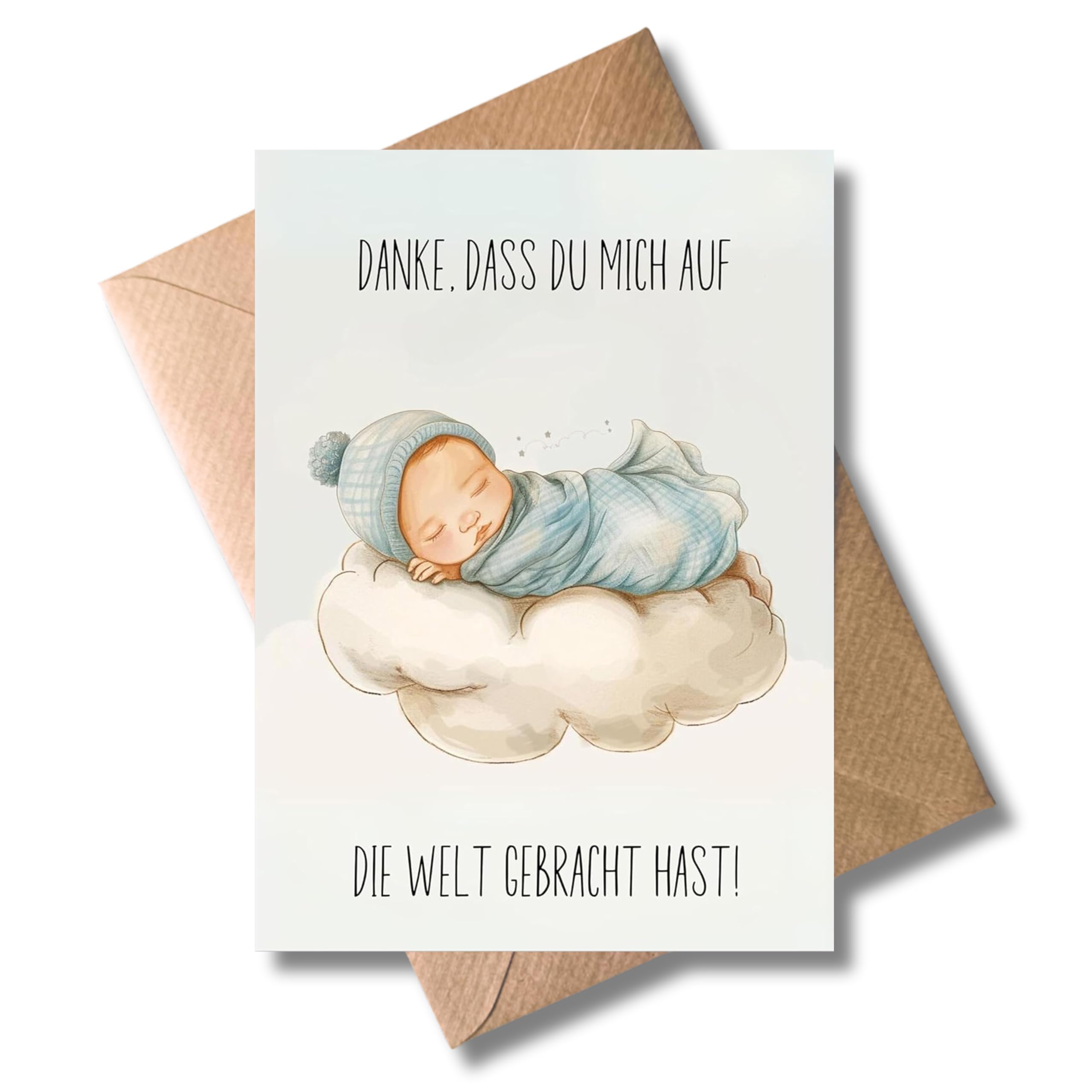 WBdesignz „Danke Mama“ Karte Zur Geburt - Mit Baby Auf Wolke, DIN A6, Inkl. Umschlag, 300g/m² Papier