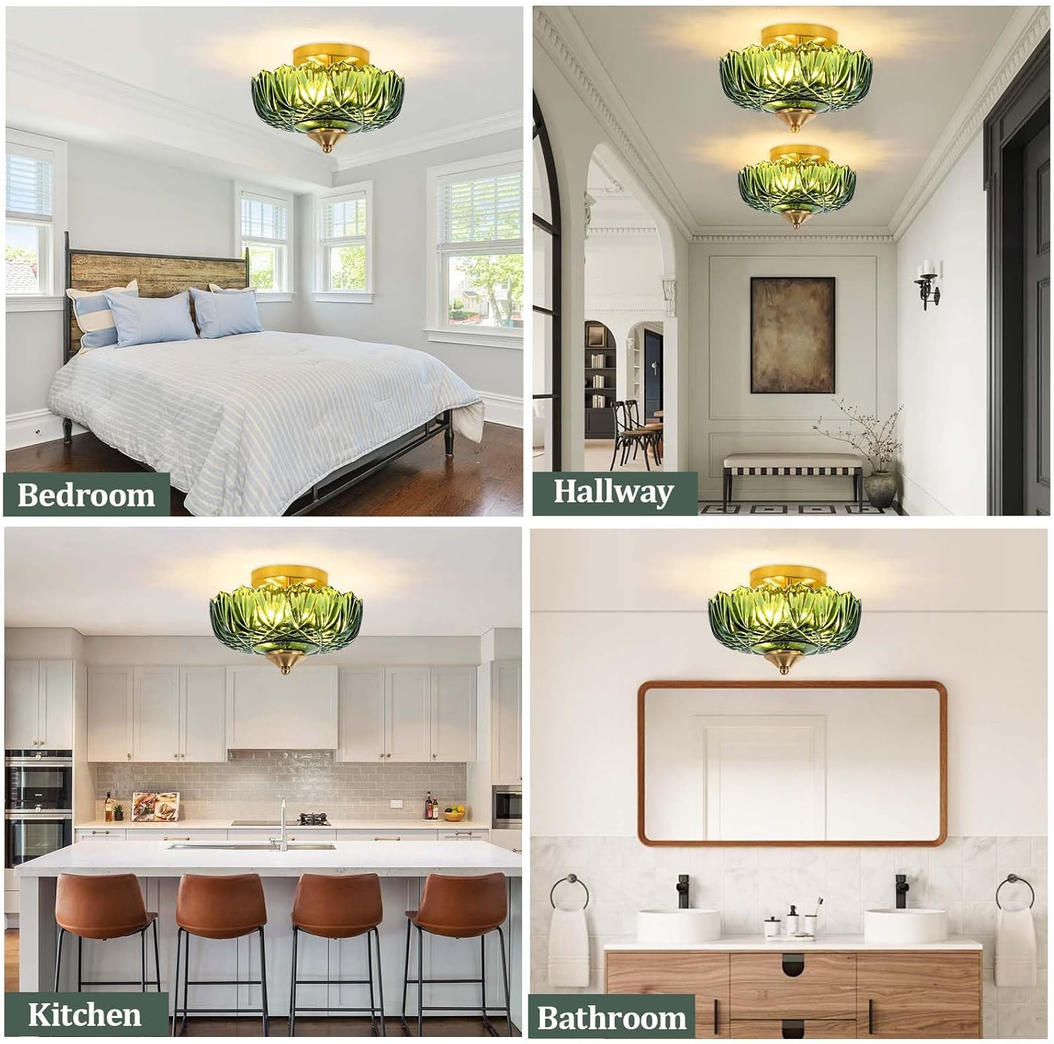 Semi Flush Mount Ceiling Light,Vintage Ceiling Light 9.44 Inch E26 Small Green Glass Ceiling Lighting for Living Room Kitchen Bedroom Hallway 3 Light(Bulb Not Included)