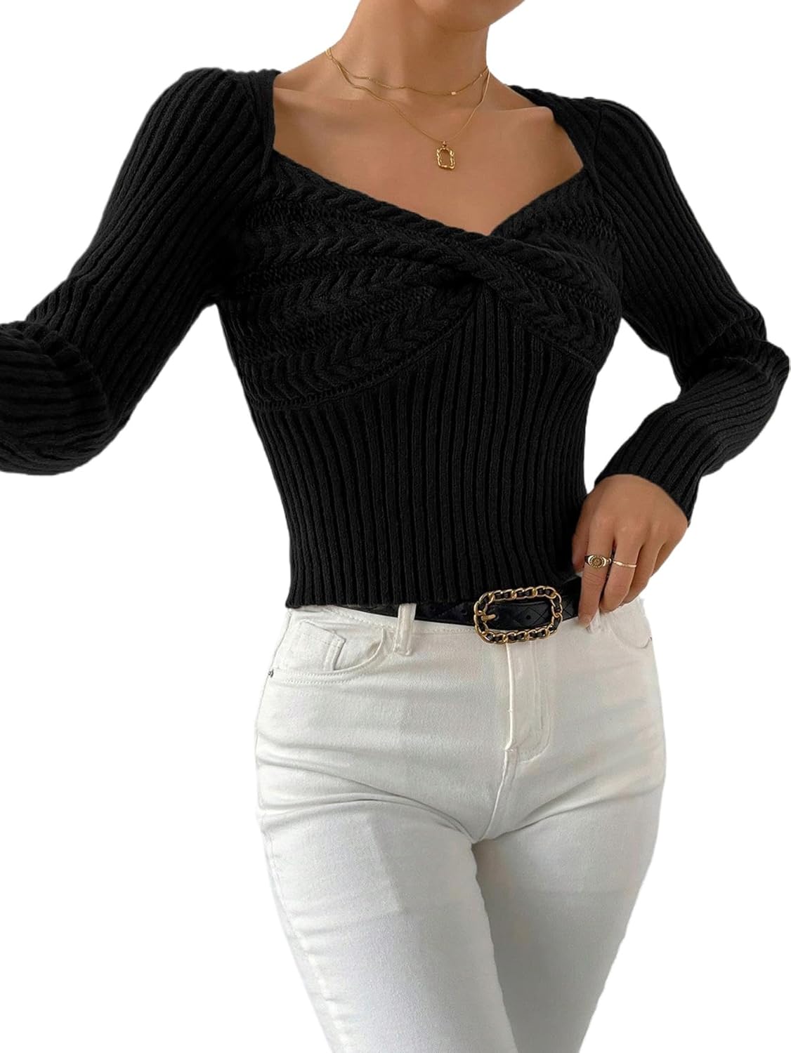 Women's V Neck Twist Front Cable Rib Knit Long Sleeve Pullover Sweater Top - Image 4
