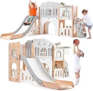8 in 1 Toddler Slide Set, Toddler Outdoor Playset for Baby Age 1-3, Indoor Outdoor Playground for Kids with Slide, Climber, Crawling Tunnel, Basketball Hoop, Telescope & Storage, Pink&Gray