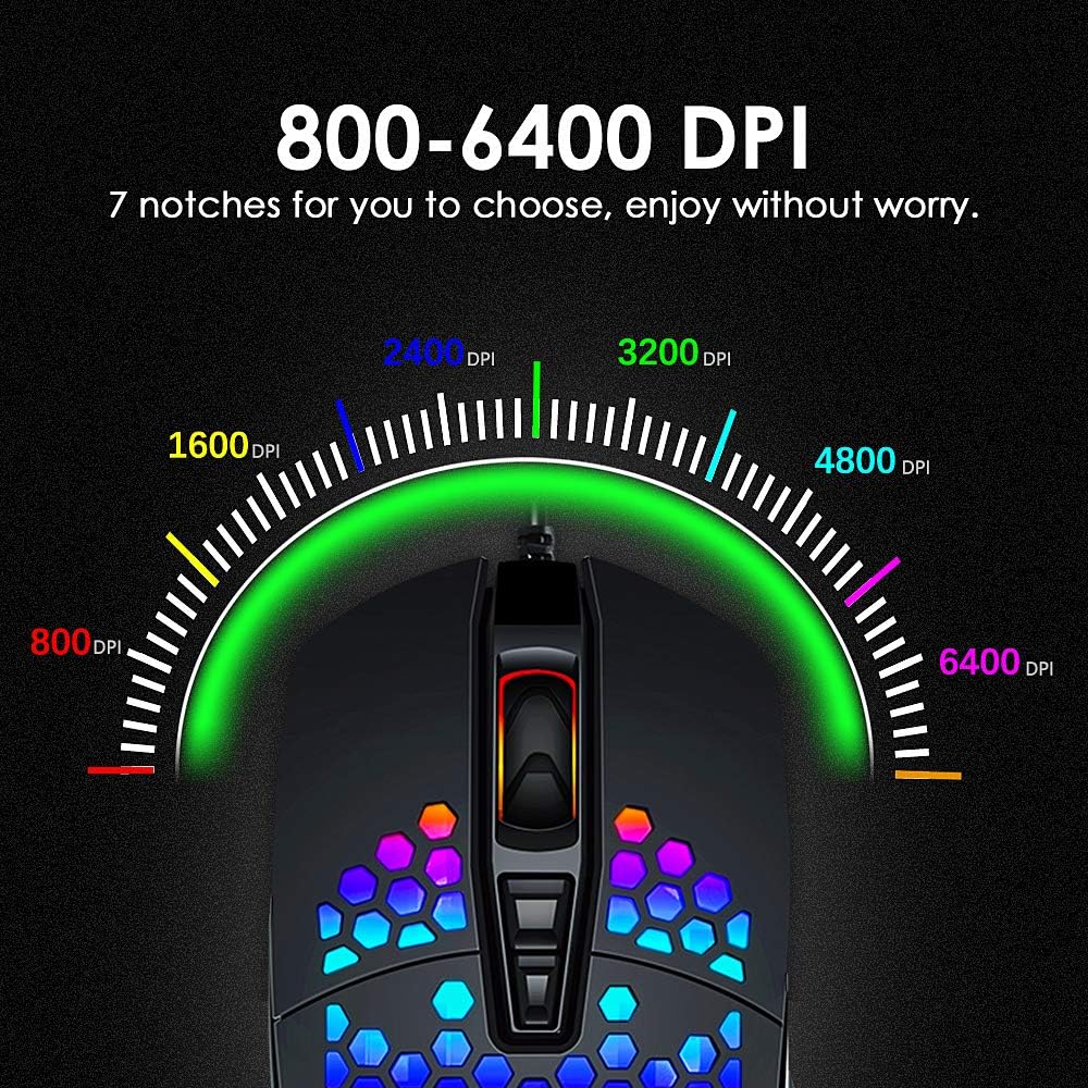 Wired Lightweight Gaming Mouse RGB Backlit USB Programmable Driver Gaming Mice 7 Buttons Seven Adjustment 6400DPI Optical Mice Ultralight Honeycomb Shell model for PC Gamers, Xbox, PS4 -Black