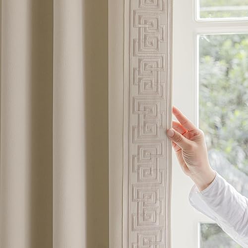 VisionaryHomeDesign Curtain Panels with Embroidered Design, Tape Trim Drapes Pinch Pleat, Design Curtains for Sliding Patio Doors Bedroom 2Panels (Warm Cream, 50" W x 102" L)