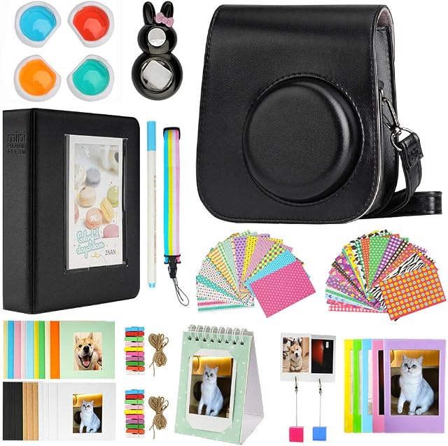 Cpano Mini 11 Camera Accessories Bundles Compatible with Instax Mini 11 with Camera Case/Book Album/Selfie Len/Wall Hanging Frames/Stickers/Pen(13 in 1)(Black)