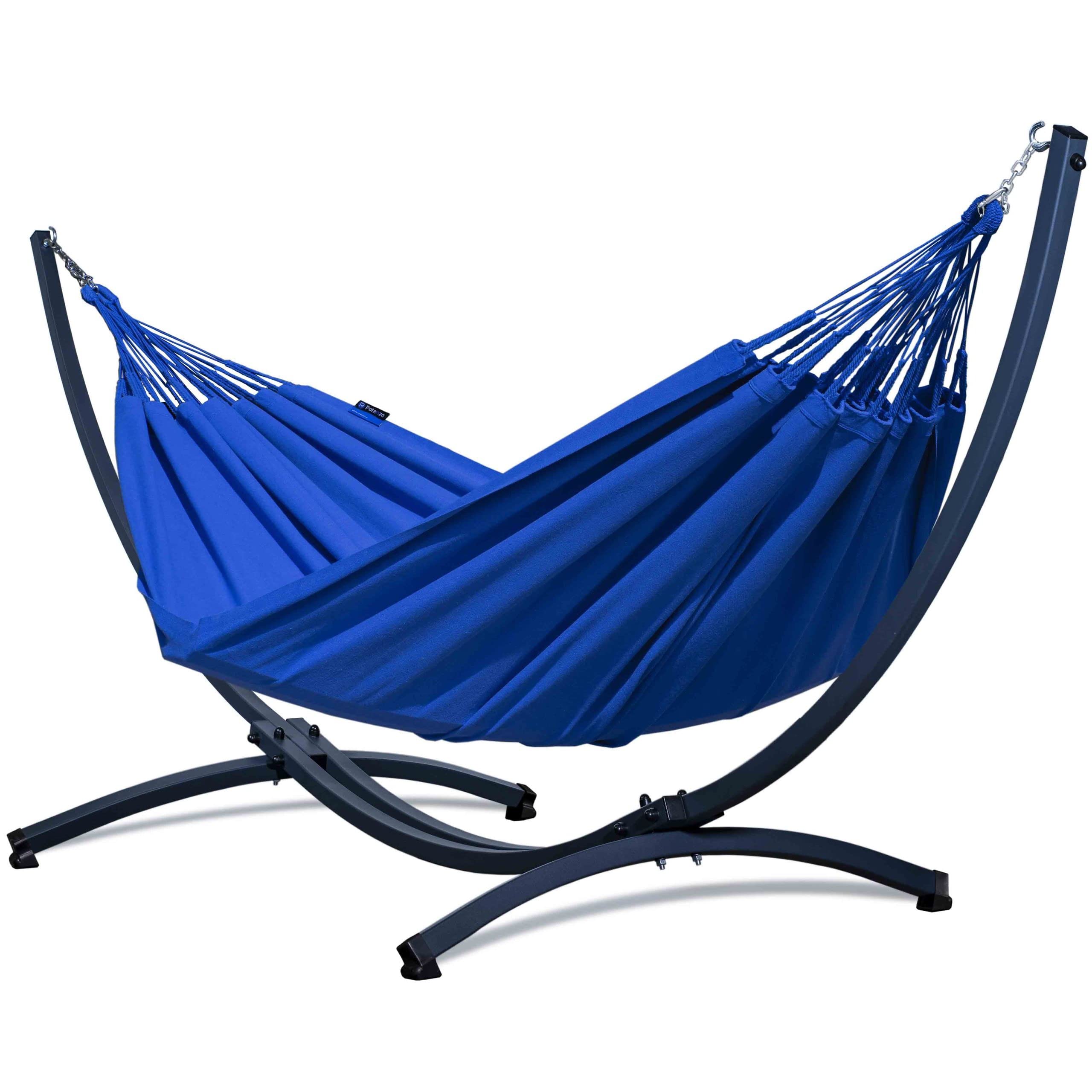 Potenza Outdoor Hängematte mit Gestell für 2 Personen I Merida- Baumwolle Doppelhängematte XXL 220x160, 220kg I Hängemattengestell 220kg, wetterfest (Blau, Basic Gestell Graphit)