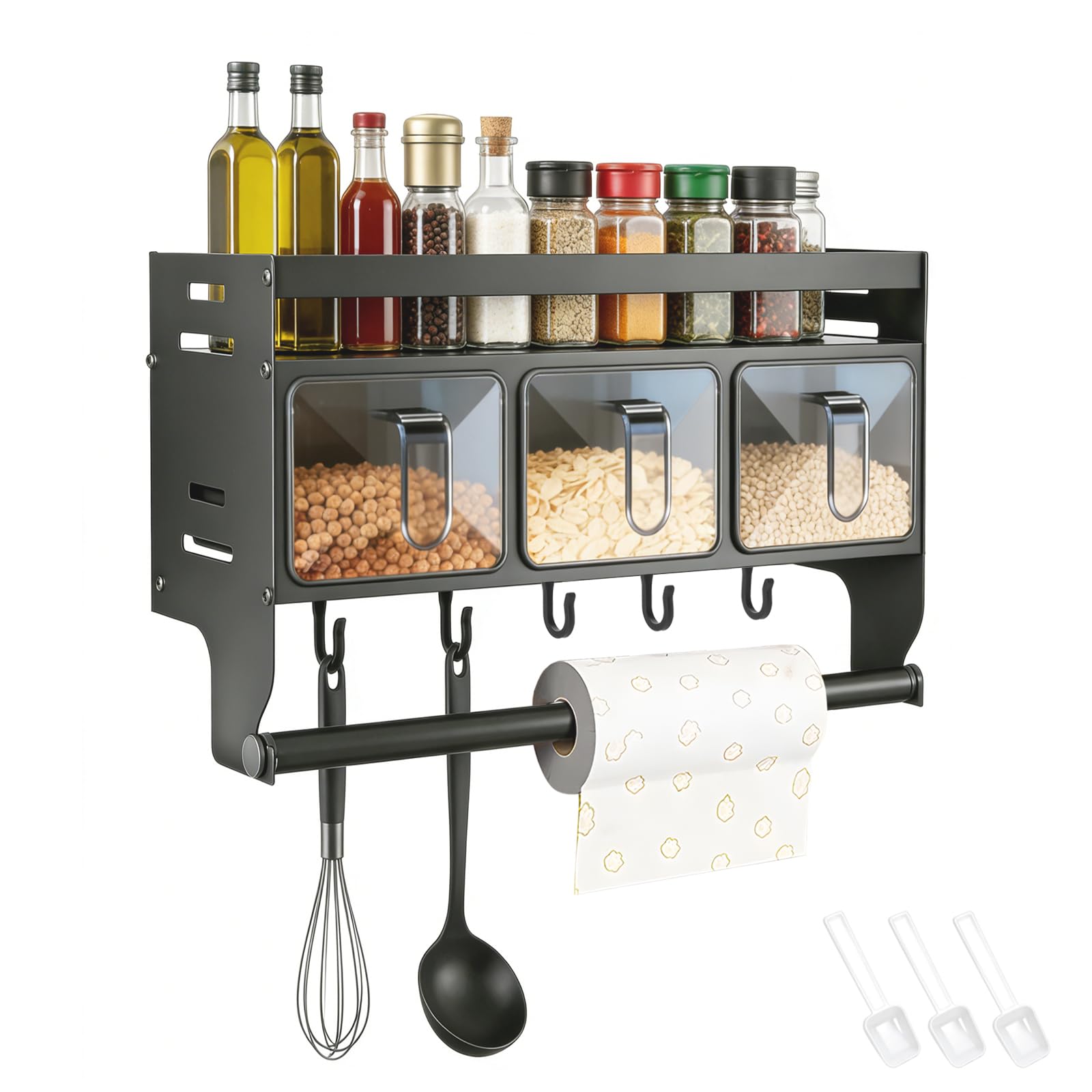 Küchenregal Wand, Gewürzregal Hängend, Gewürzregal Mit Küchenrollenhalter Gewürzständer Wand Aus Metall Gewürz Organizer Regal Für Küchen Arbeitsplatte Schrank (mit 3 Gewürzbox)