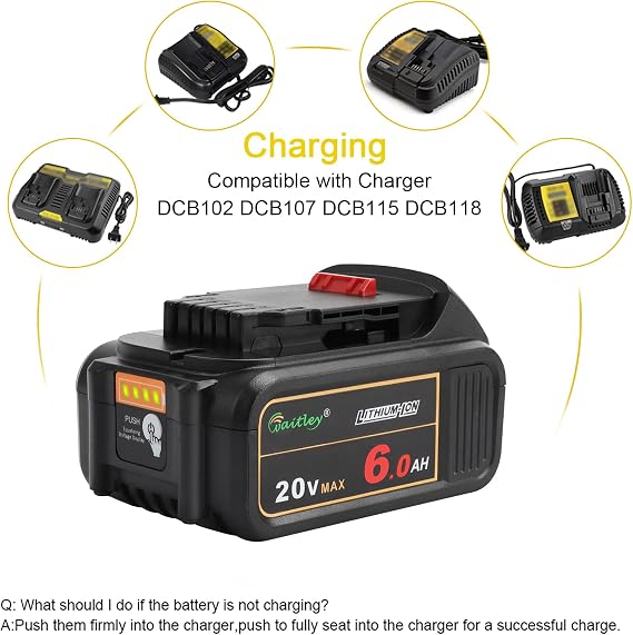 waitley 4 Pack 20V 6A Replacement Battery Compatible with Dewalt DCB200 DCB206 DCD DCF DCG Series Cordless Tools (Not Made in Dewalt)