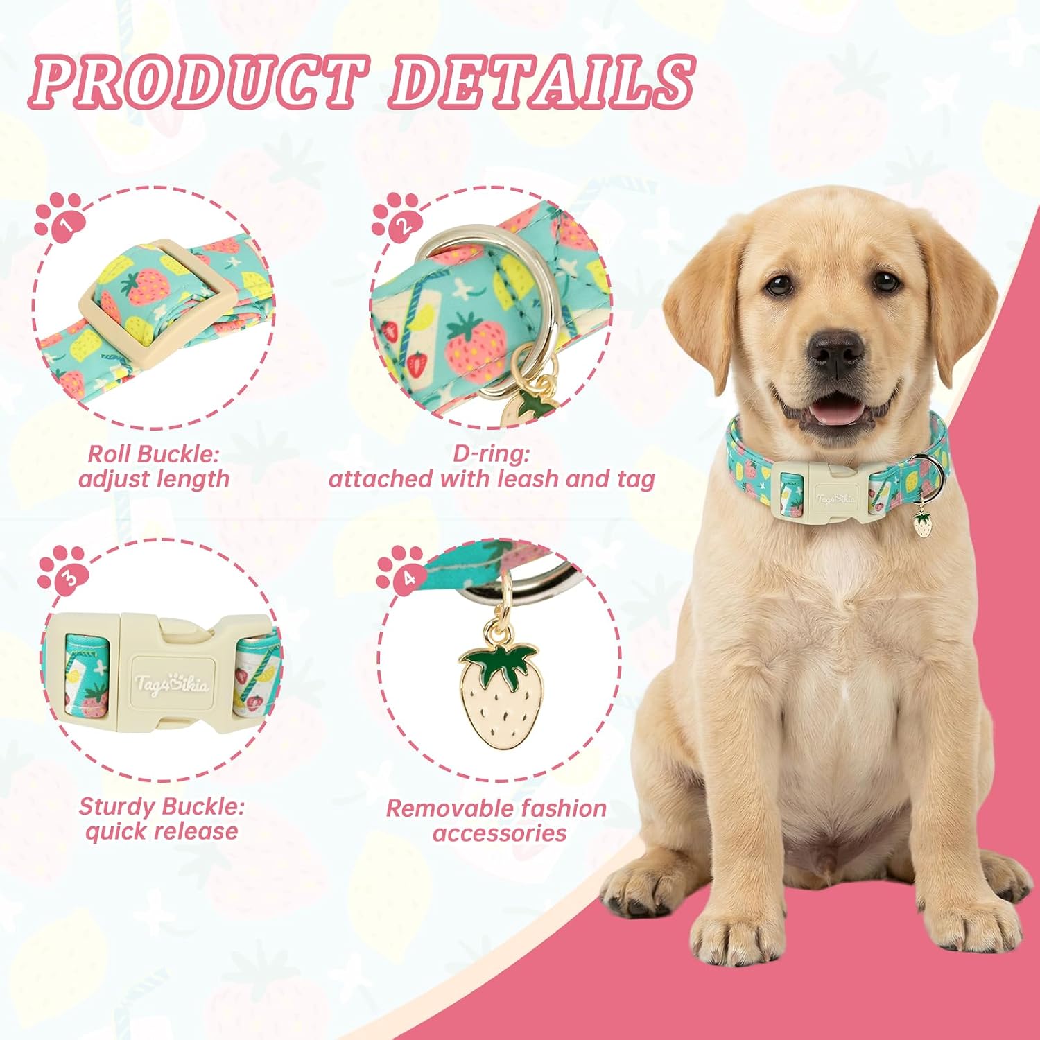 Dog Collars for Small Dogs, Cute Summer Dog Collar with Strawberry Lemon Pattern, Soft Cotton Girl Dog Collar Pet Accessory, Adjustable for Puppy Small Medium Dogs Gift for Boys Girls Dogs-S image 2
