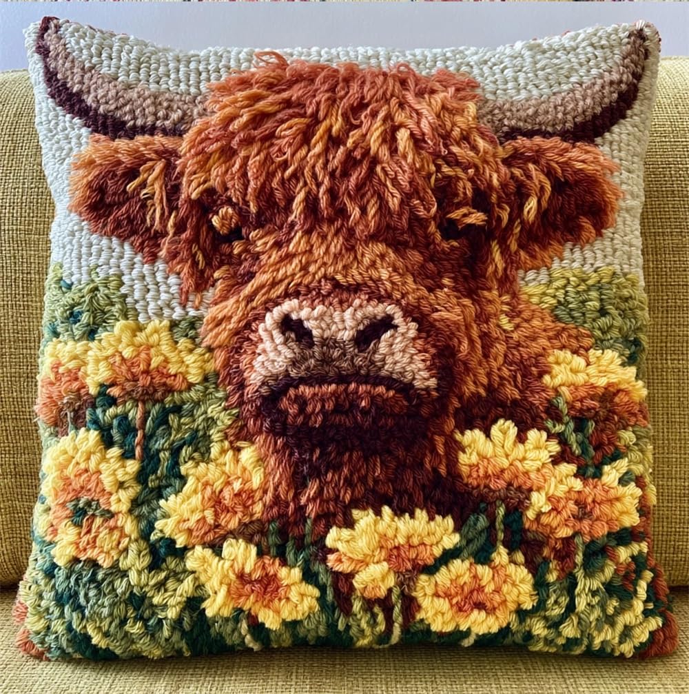 kitphoenix Latch Hook Kits Pillow Highland Cow and Flowers