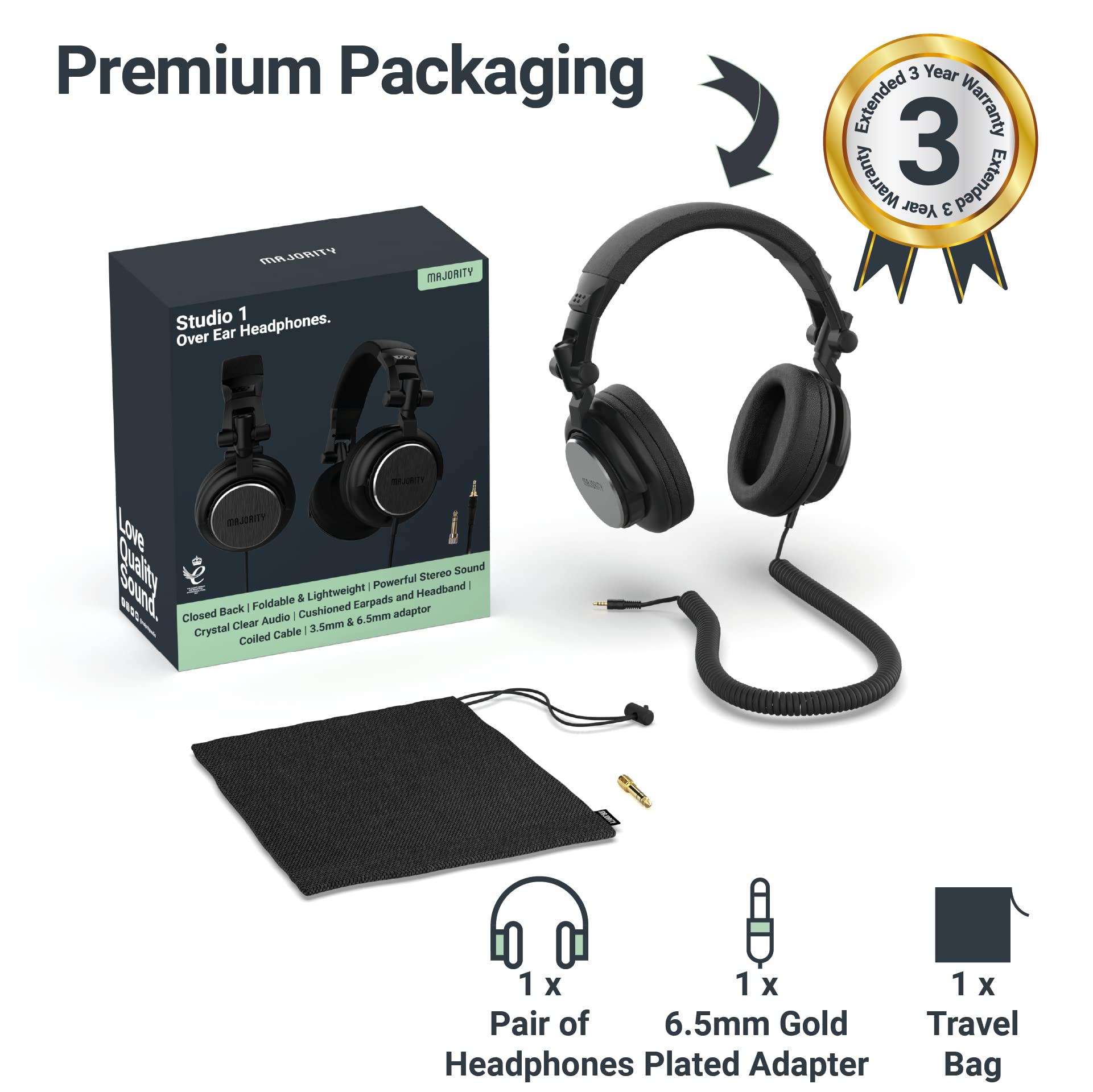MAJORITY Studio 1 Audífonos Auriculares Plegables con Cable y Controladores de Altavoz de 50 mm | DJ, Juegos, AMP, Grabación | Sonido nítido, Cable Extensible y Conector de Audio de 3,5-6,5 mm
