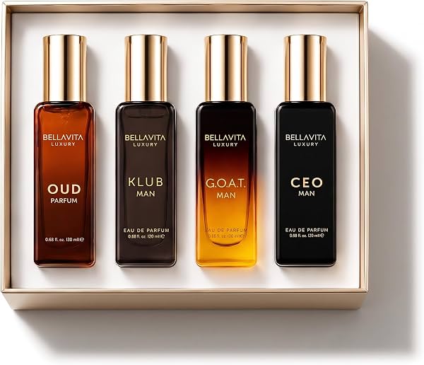 BellaVita Luxury Perfume Set para Hombre con CEO Man, G.O.A.T., KLUB & OUD | 4 x 20 ml (80 ml) | Perfume de Larga Duración para Hombre | Notas Cítricas, Amaderadas, Pachulí y Caramelo | Regalo para el Día del Padre
