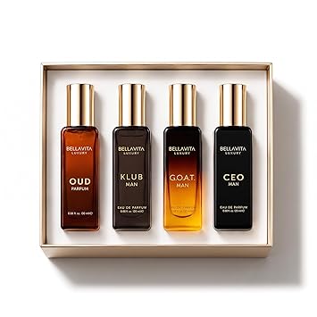 Bellavita Luxury Mens Perfume Gift Set with CEO Man, G.O.A.T., Klub, and Oud | 80ml | Perfume for Men | Lavender, Patchouli, Lemon, and Caramel Notes | Long Lasting Mens Fragrance