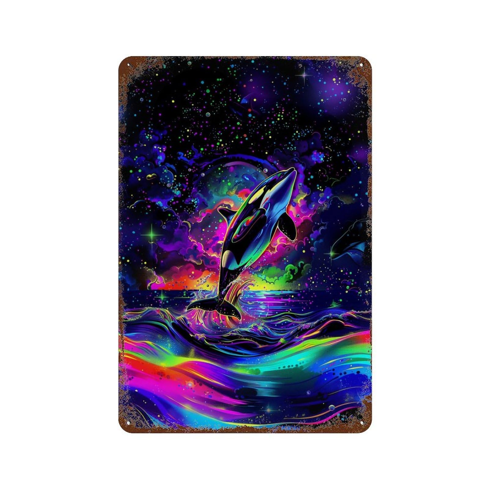 Rust Effect Neon Orca Ocean Art Print Aged Metal Wall Plaque 11.8"x7.9", Classic Wall Plaque for Basement, Hobby Room And Garage Decor