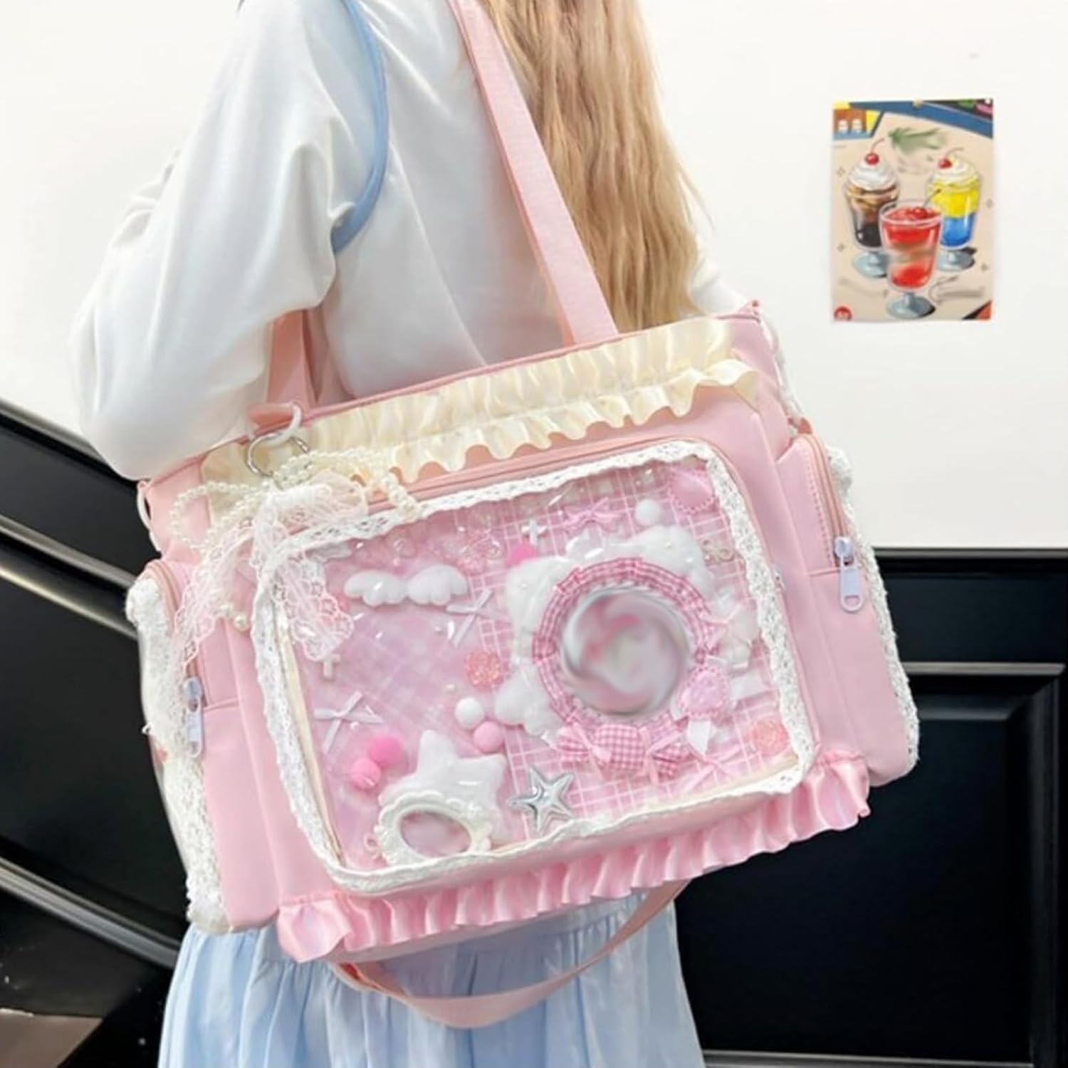 Lace itabag ruffle Shoulder Purse， Pin display bag with Insert Anime badge Display